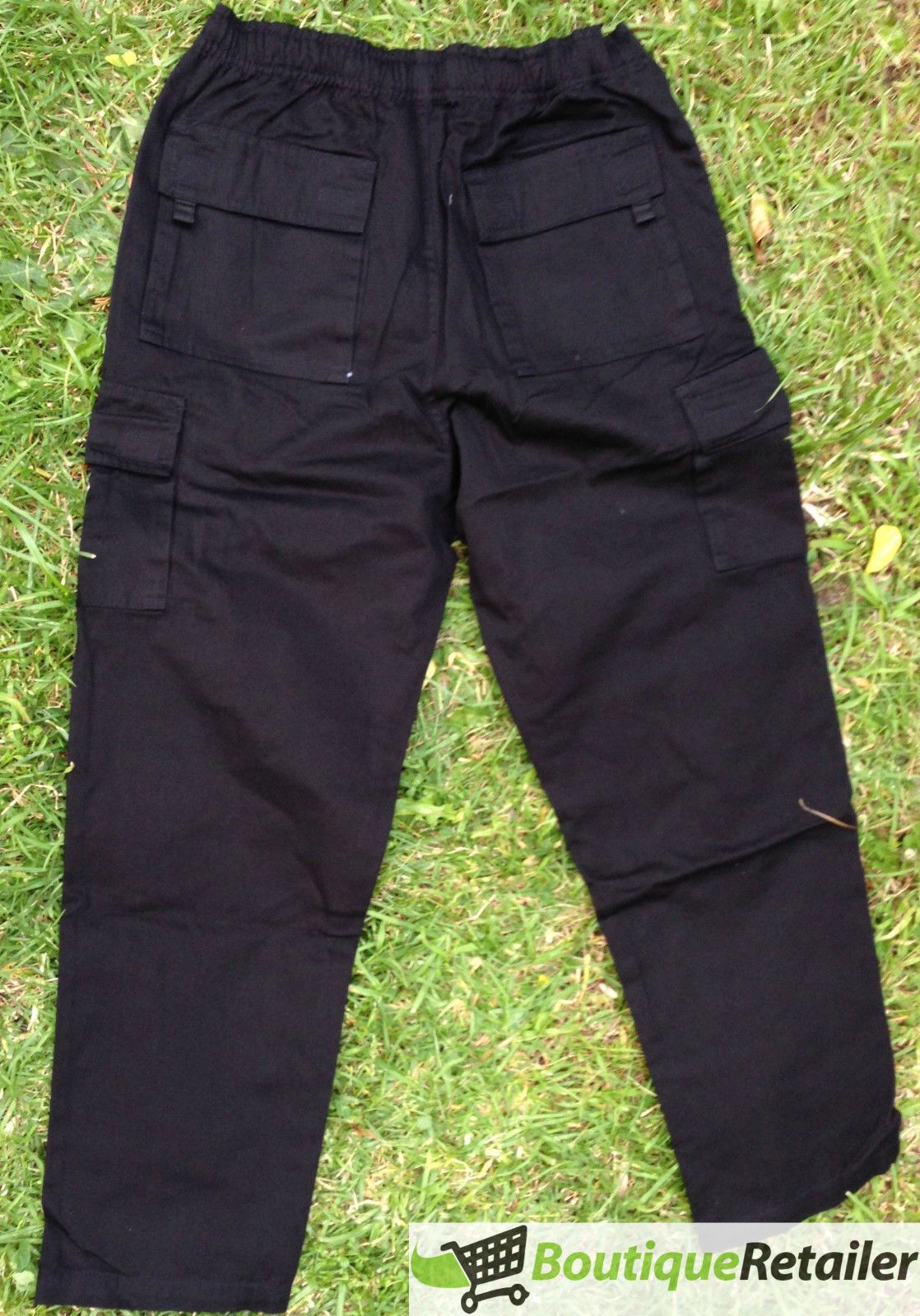 Mens CARGO PANTS Trousers Elastic Waist 100% COTTON Army Military PLAIN Casual - Black