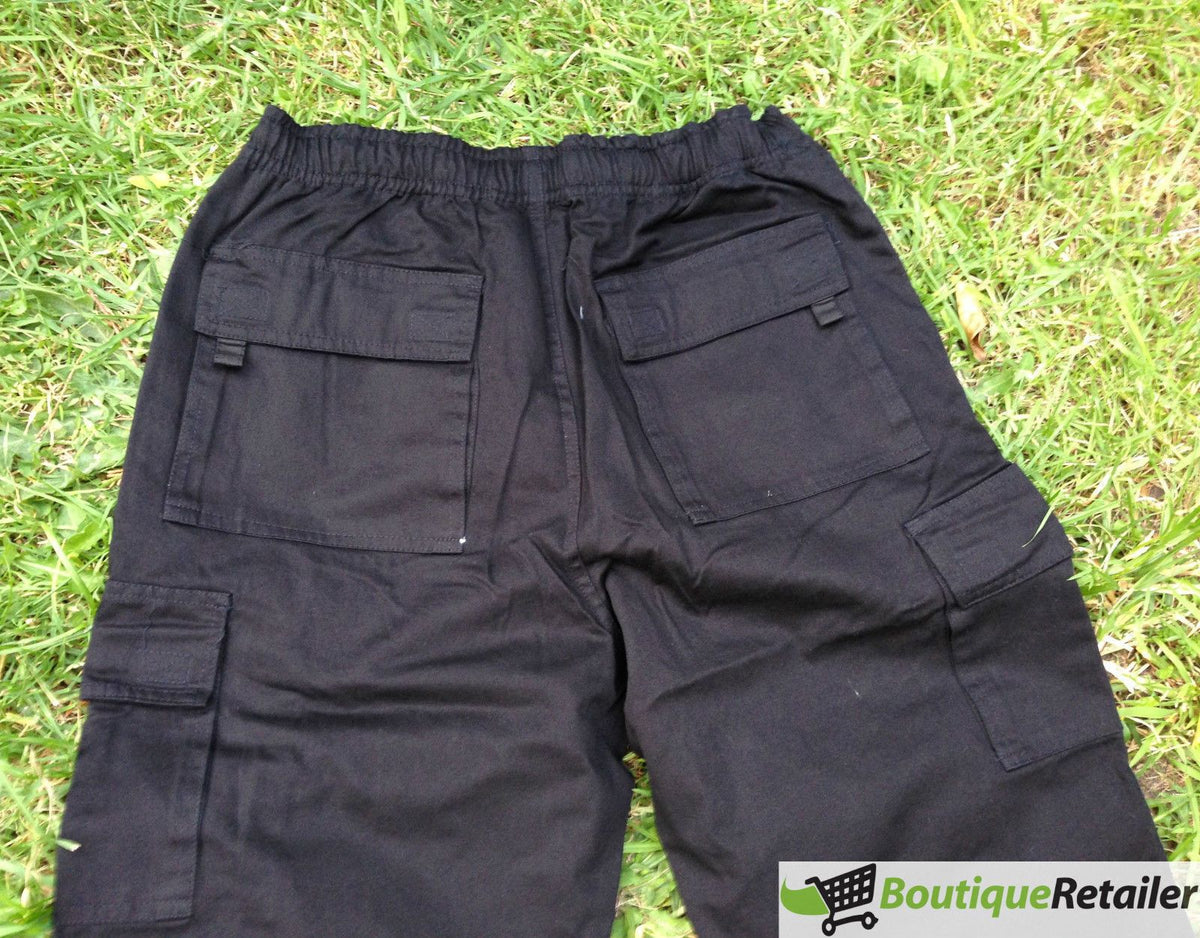 Mens CARGO PANTS Trousers Elastic Waist 100% COTTON Army Military PLAIN Casual - Black