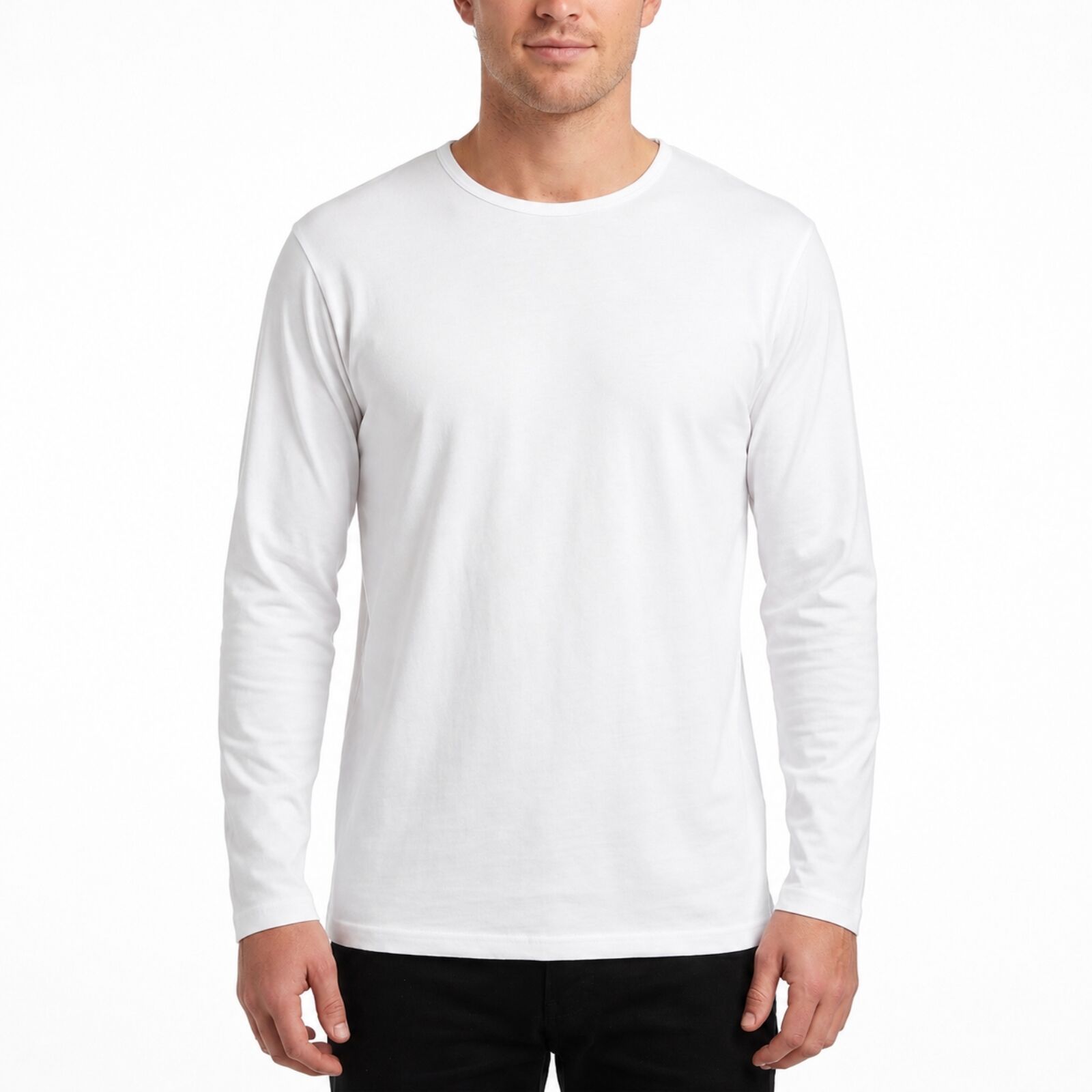 Mens 100% Cotton Long Sleeve T Shirt Plain Basic Slim Fit Tee Casual Top - White