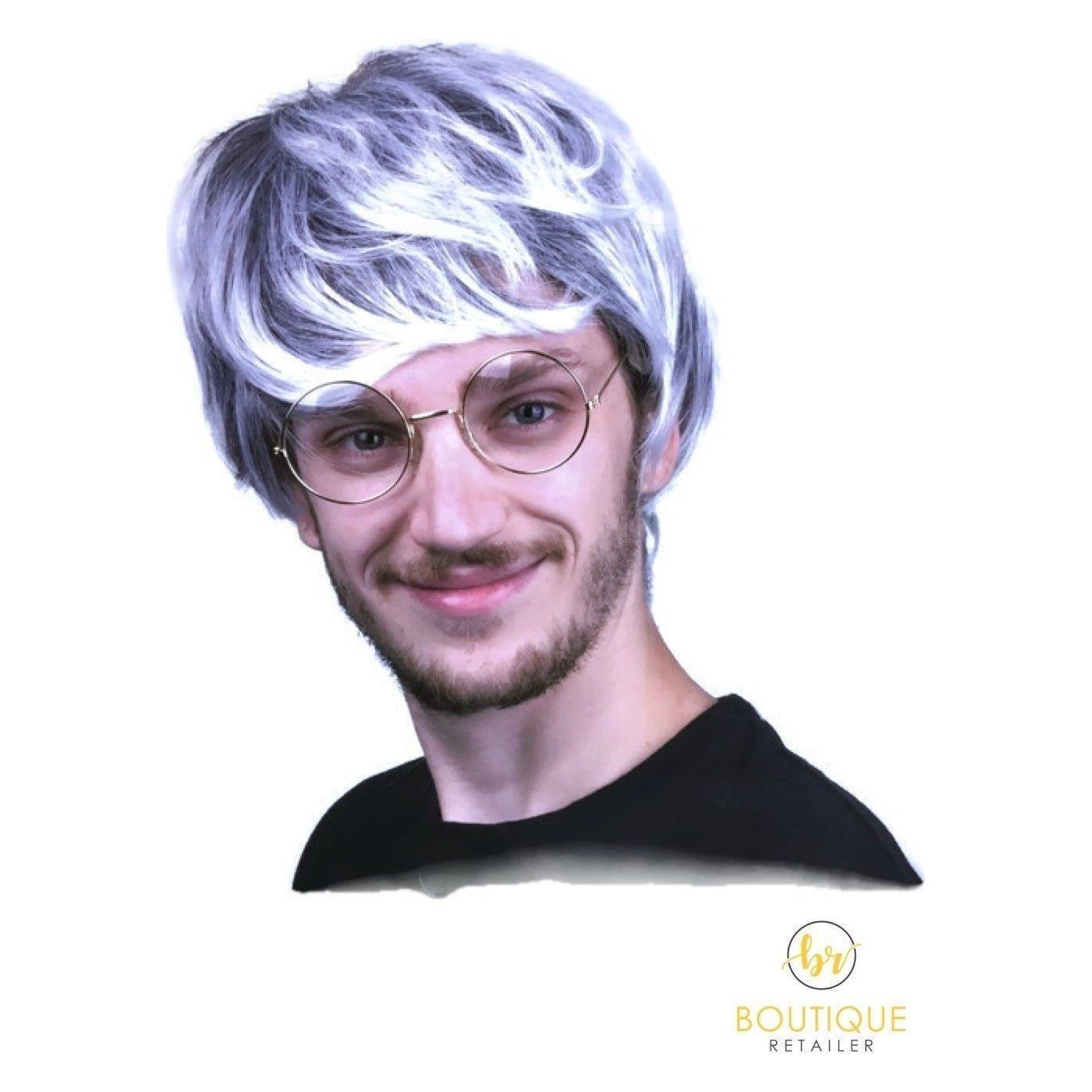 MENS WIG 80s Fancy Dress Mens Party Costume Rock Bogan Accessory Punk 70s - White/Black