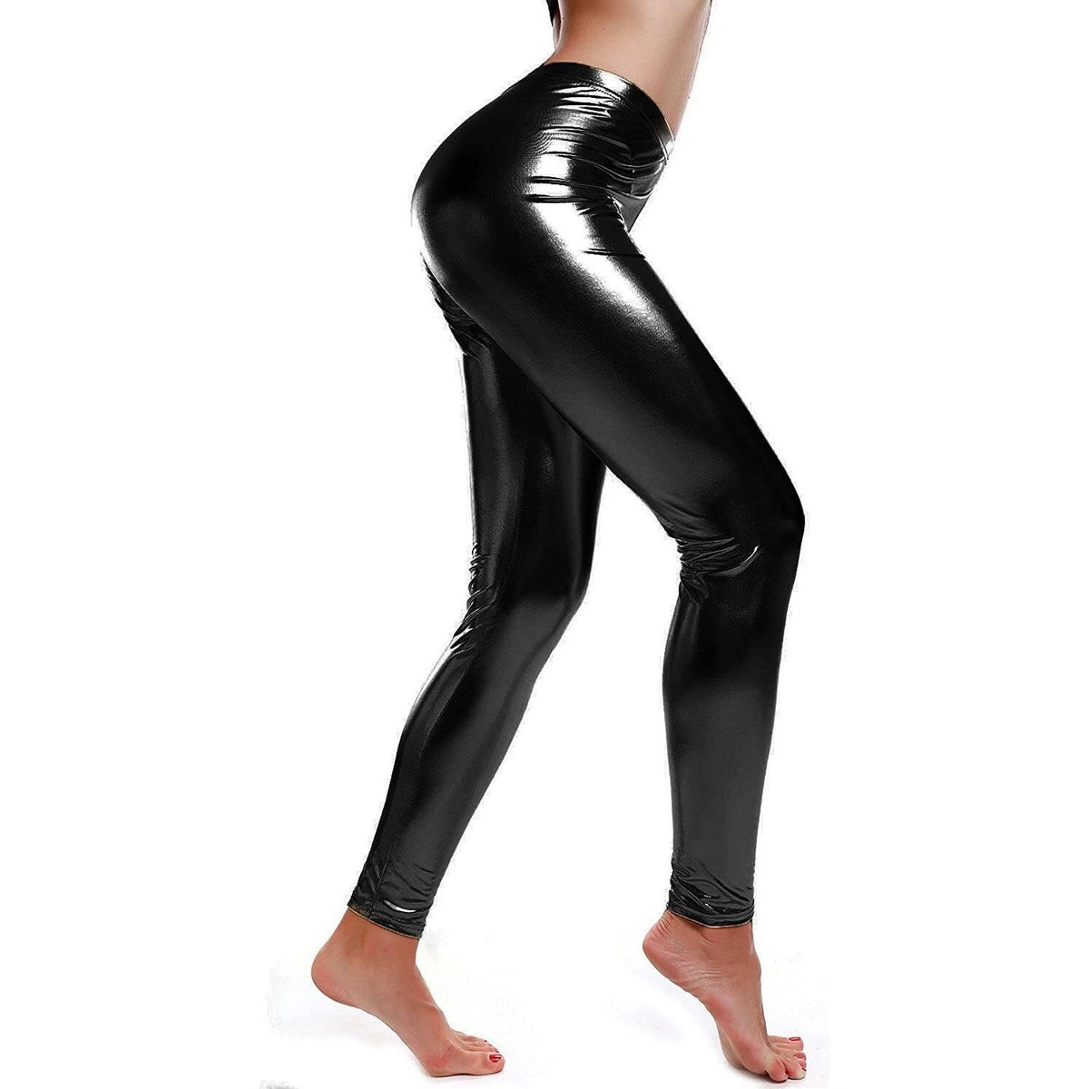 Metallic Leggings Stretchy Pants Neon Fluro Shiny Glossy Dress Up Dance Party - Black