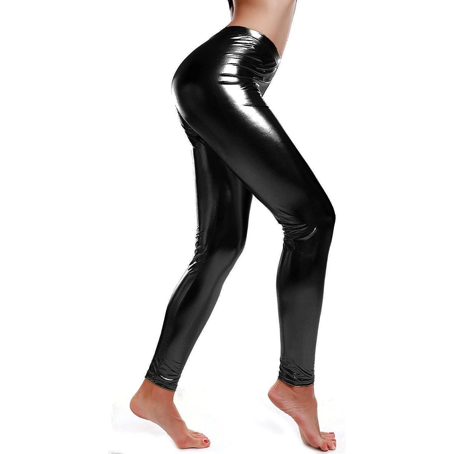 Metallic Leggings Stretchy Pants Neon Fluro Shiny Glossy Dress Up Dance Party - Black