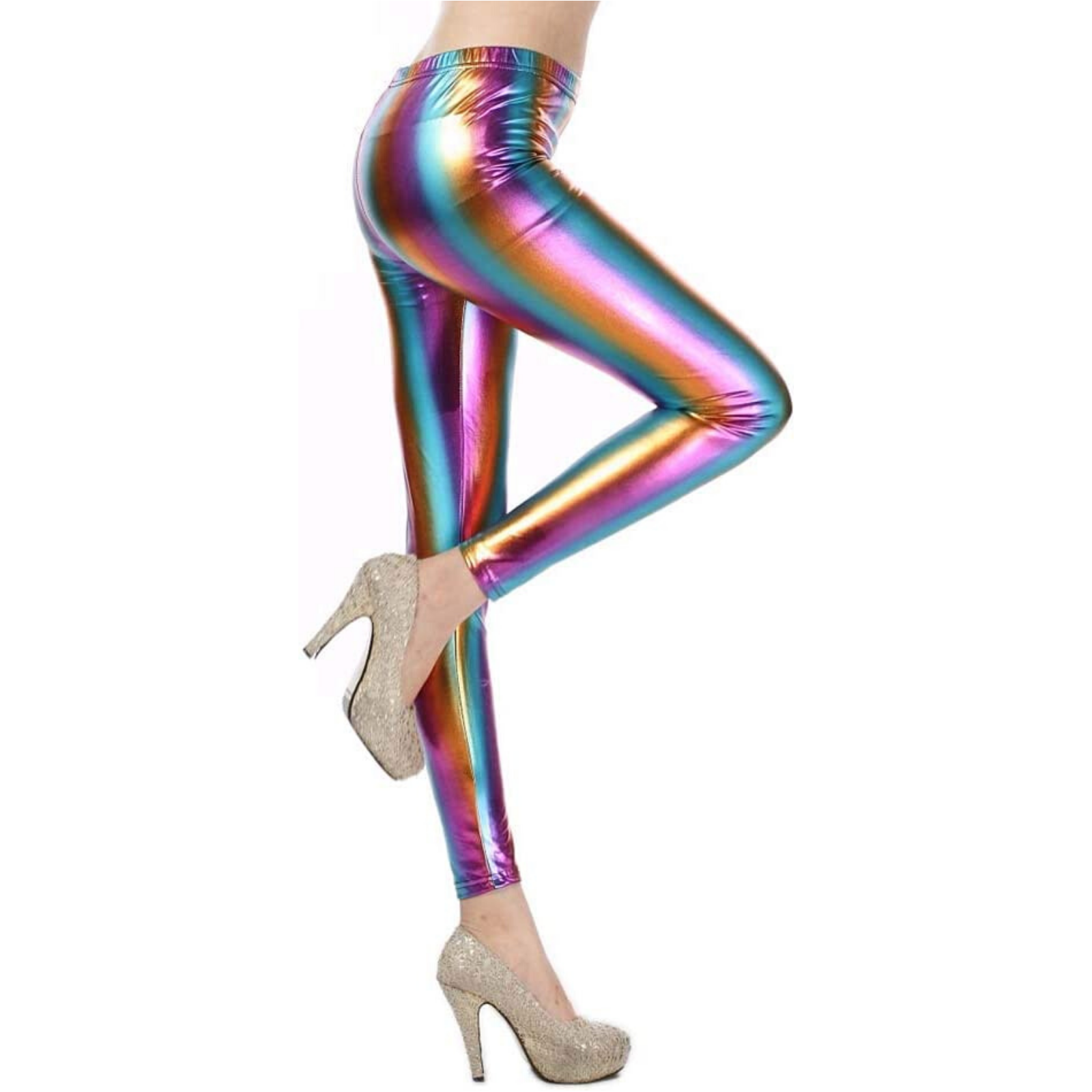 DELUXE METALLIC LEGGINGS Shiny Neon Stretch Dance Costume Fancy Dress Party - Rainbow