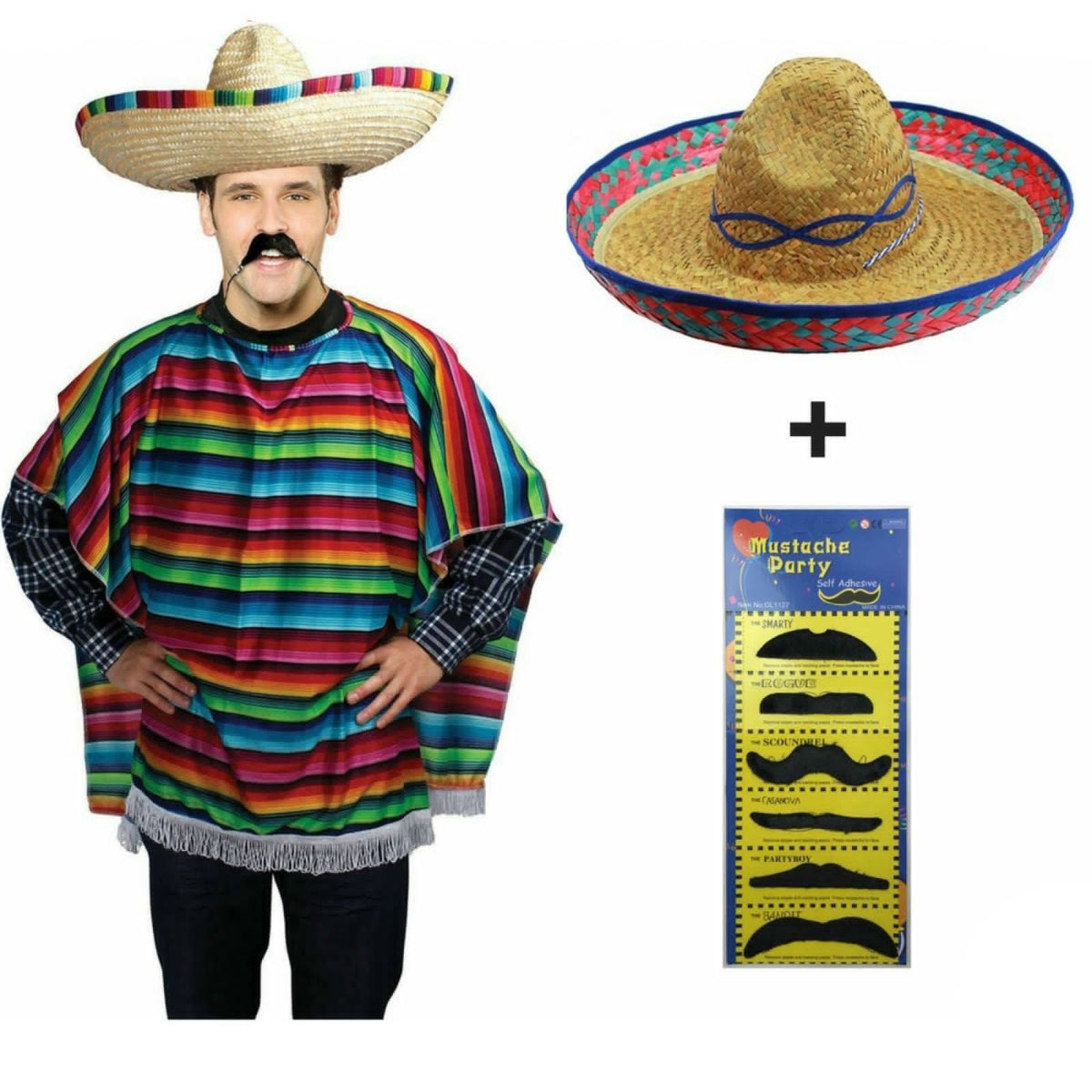 MEXICAN PONCHO &amp; SOMBRERO SET Costume Wild West Moustache Cowboy Bandit Party