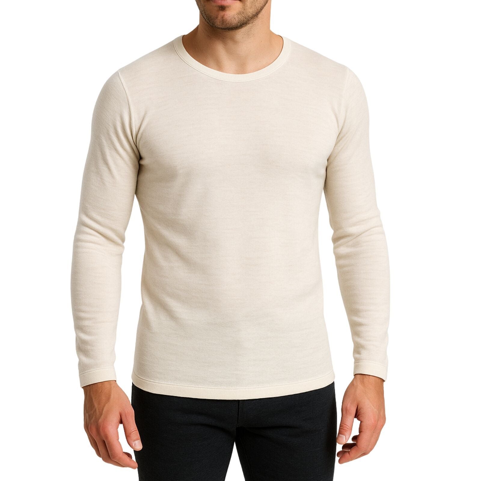 Thermo Fleece Mens 100% Pure Merino Wool Thermal Top Long Sleeve - Natural