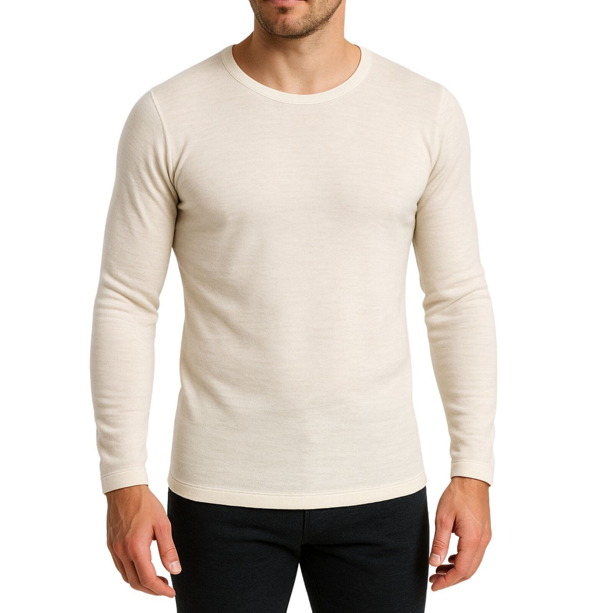 Thermo Fleece Mens 100% Pure Merino Wool Thermal Top Long Sleeve - Natural
