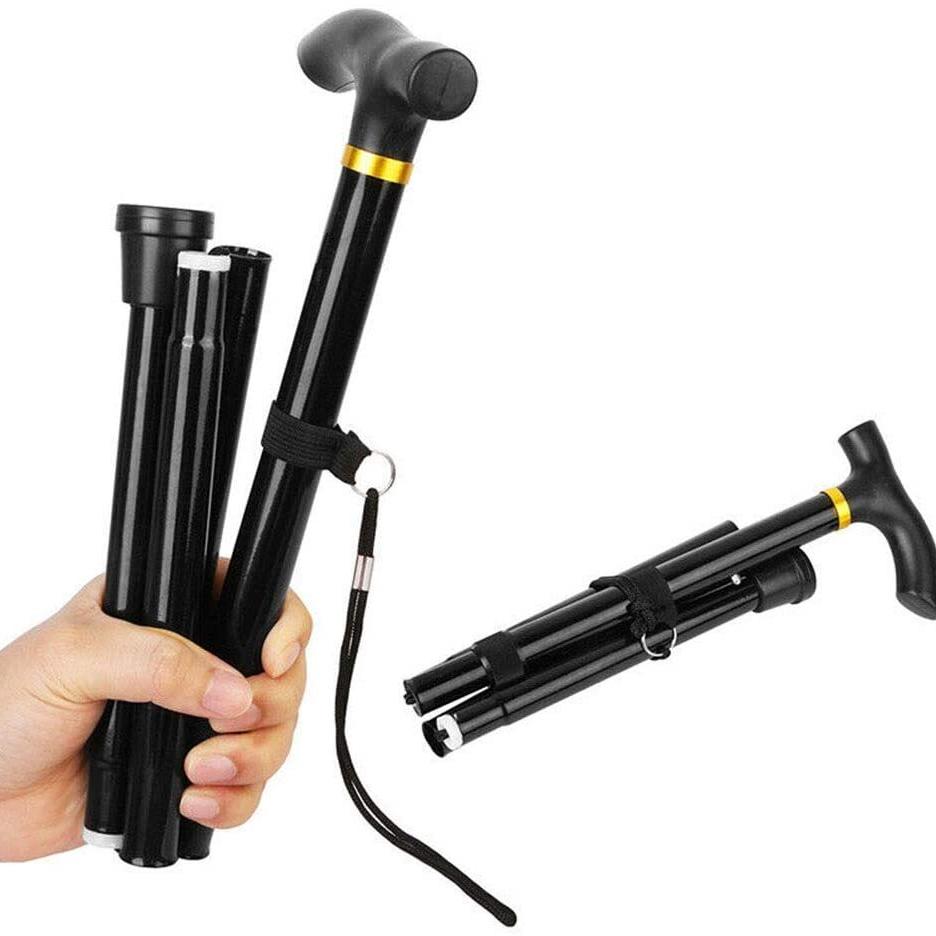 Adjustable Metal WALKING STICK Travel Cane Folding Pole Compact Retractable Hike - Black