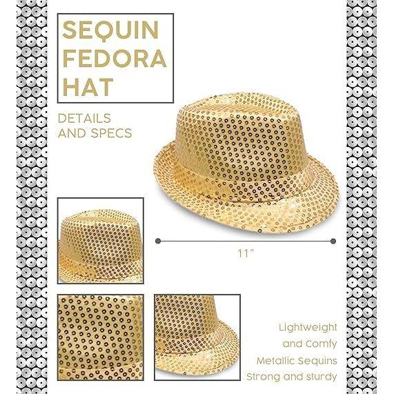 SEQUIN HAT Trilby Fedora Glitter Cap Costume Dance Party - Yellow/Gold