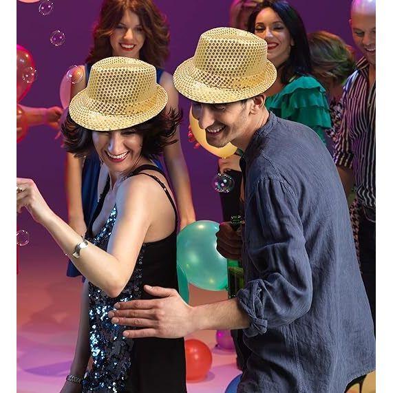 SEQUIN HAT Trilby Fedora Glitter Cap Costume Dance Party - Yellow/Gold