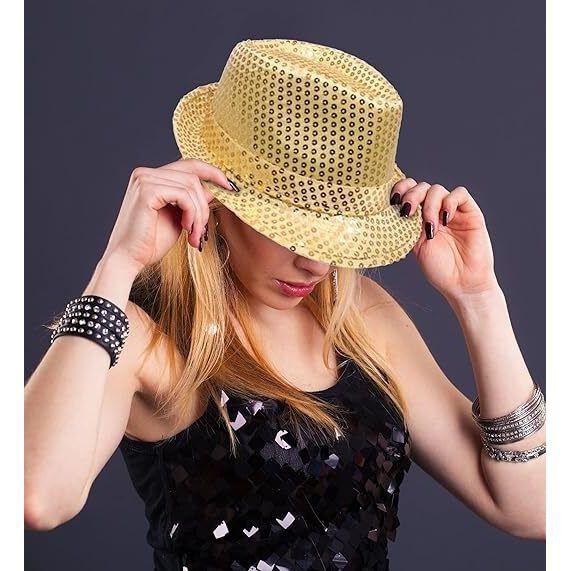 SEQUIN HAT Trilby Fedora Glitter Cap Costume Dance Party - Yellow/Gold