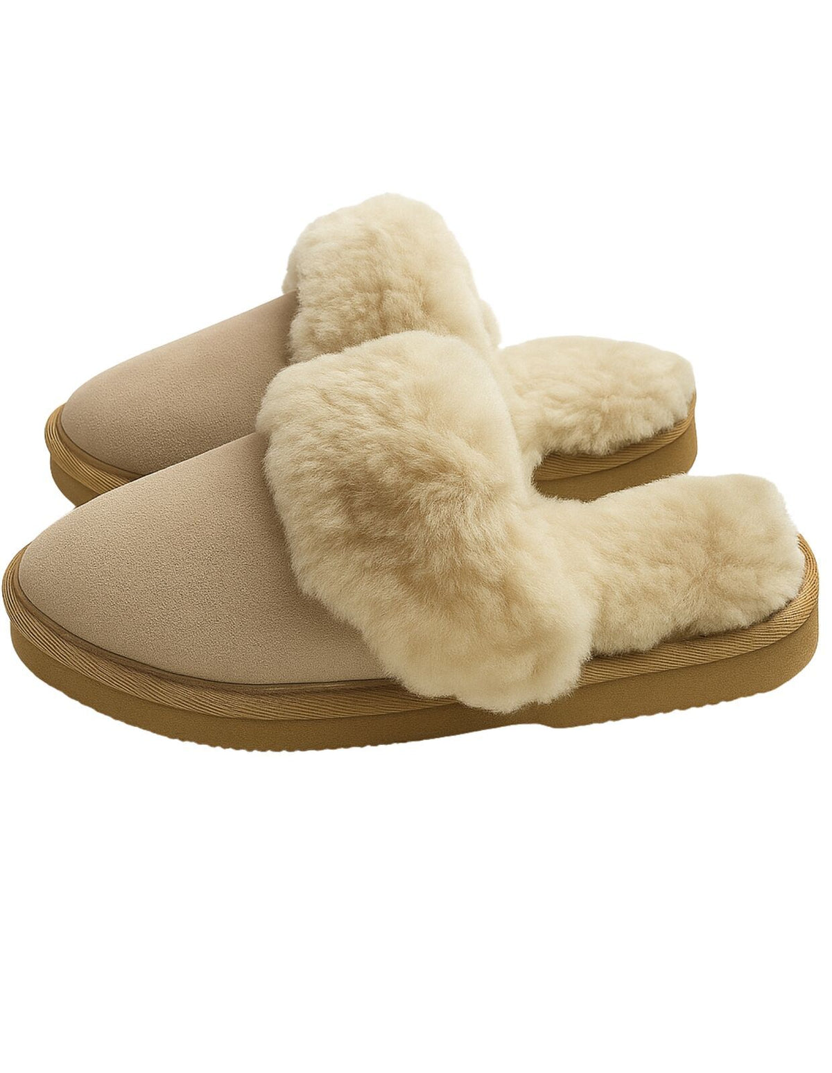 Sheepskin Wool Womens Slippers Scuffs Slip On Winter Ugg Slippers in Beige