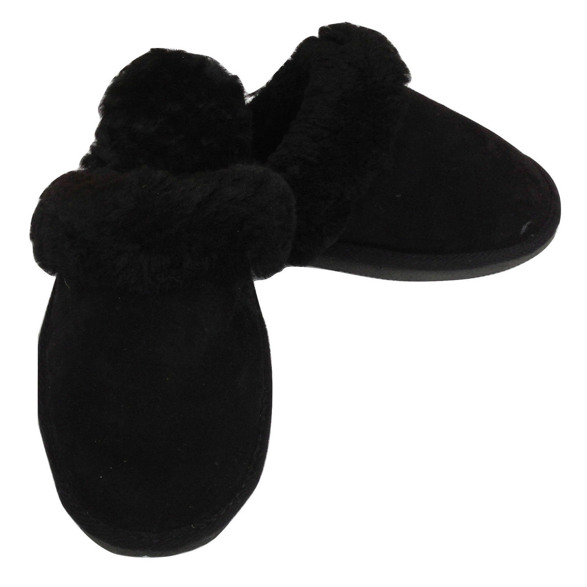 100% Sheepskin Moccasin Slippers Winter Genuine Scuffs Slip On Mens Womens - Black (with fur) - 8