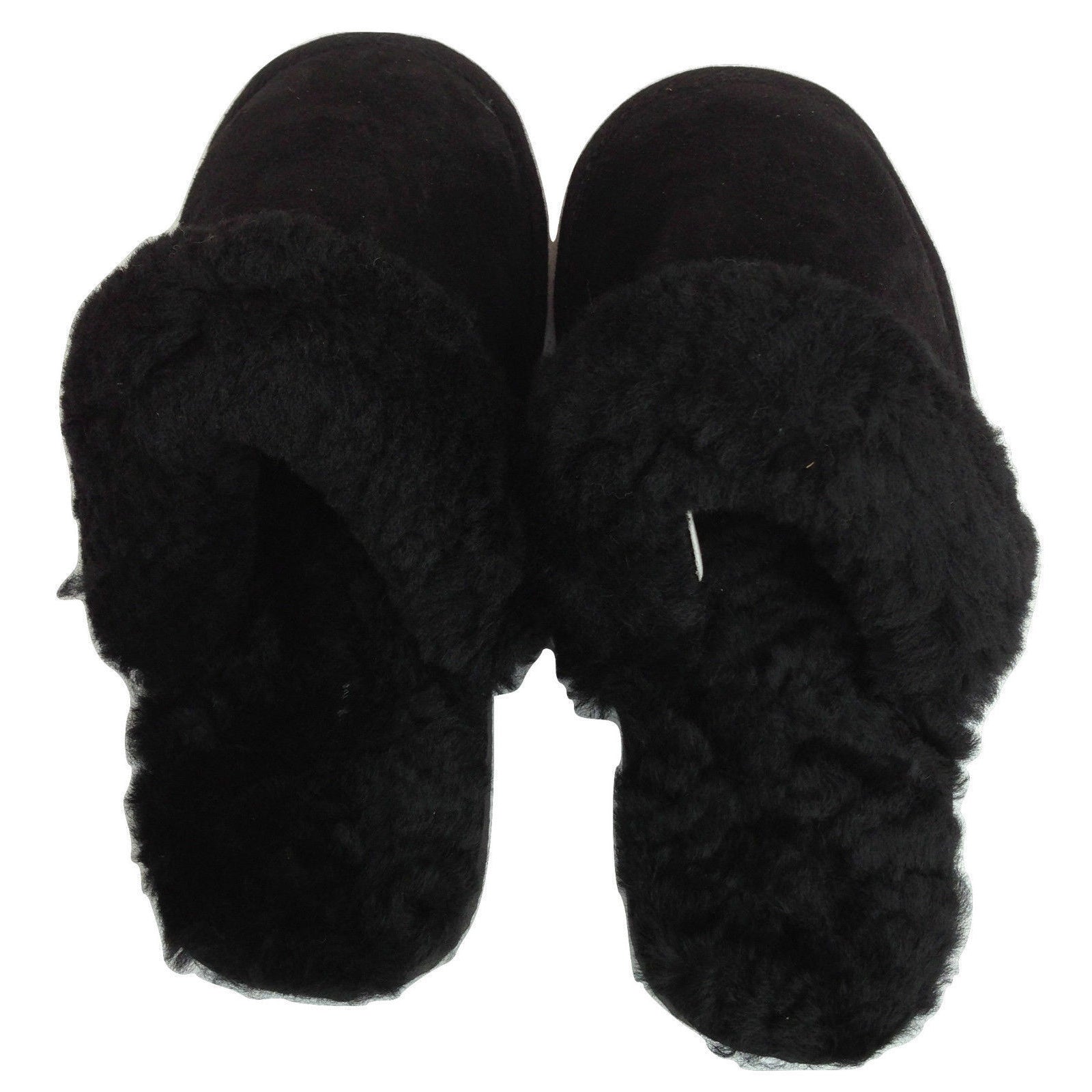 100% Sheepskin Moccasin Slippers Winter Genuine Scuffs Slip On Mens Womens - Black (with fur) - 8