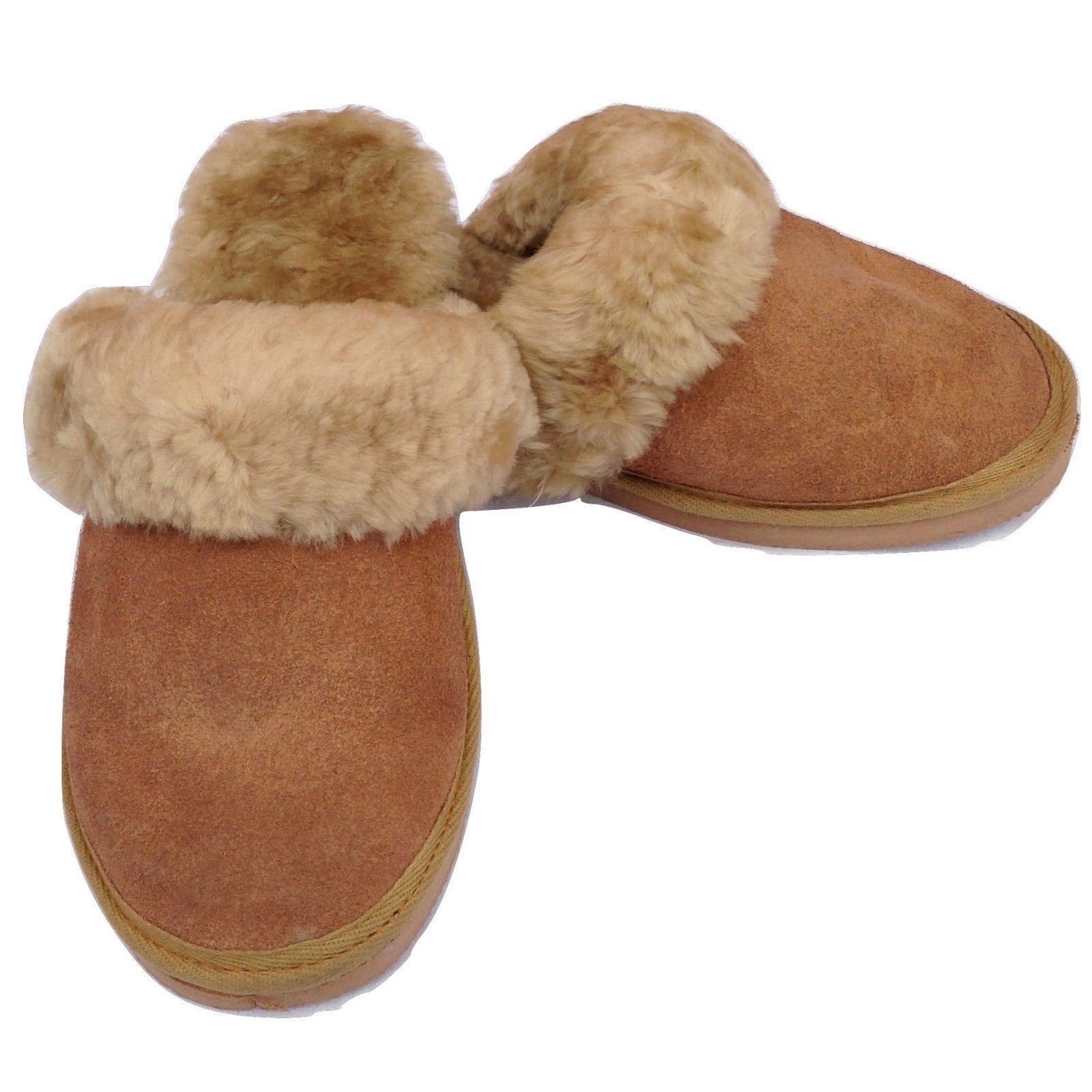 100% Sheepskin Moccasin Slippers Winter Genuine Scuffs Slip On Mens Womens - Chestnut (with fur) - 6
