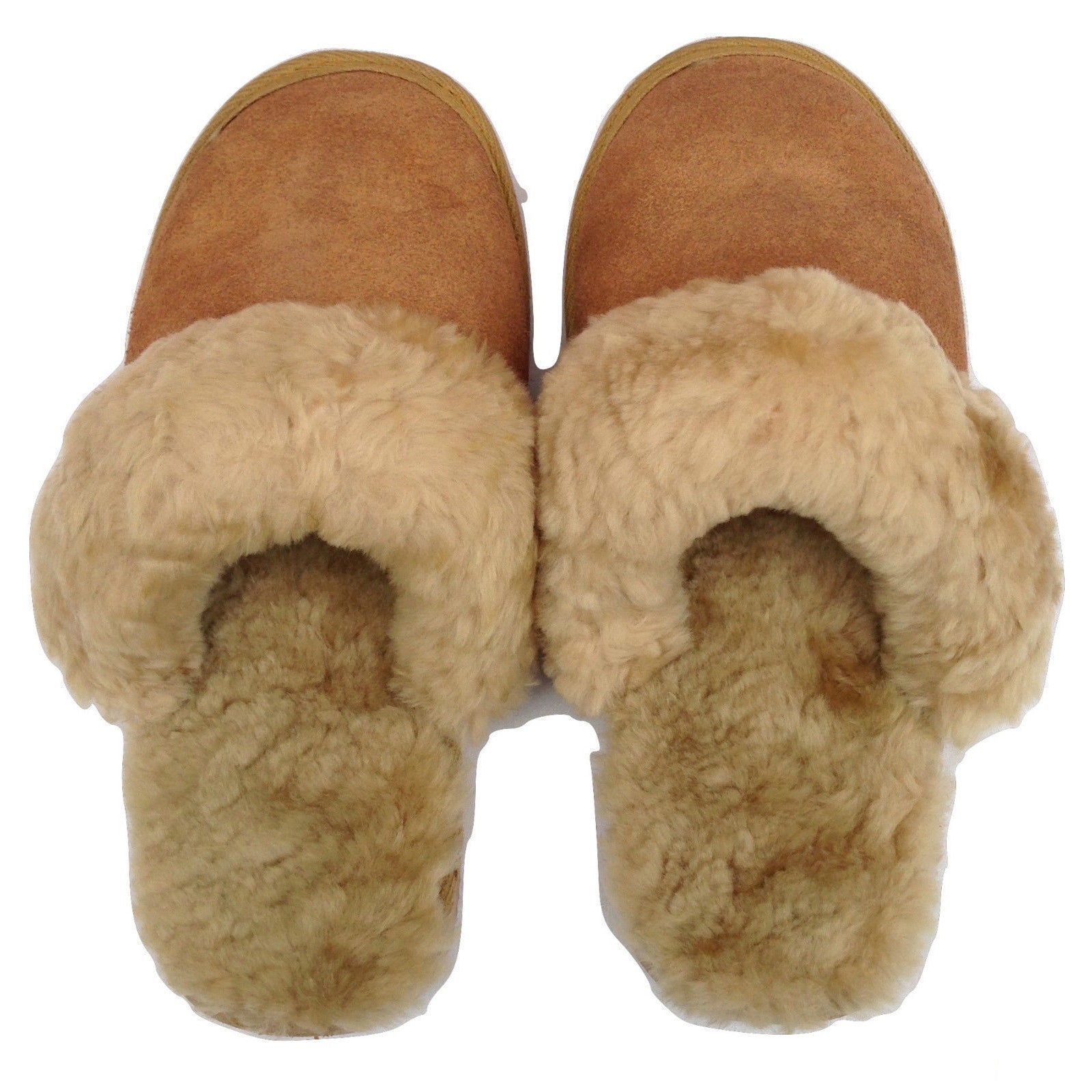 100% Sheepskin Moccasin Slippers Winter Genuine Scuffs Slip On Mens Womens - Chestnut (with fur) - 6