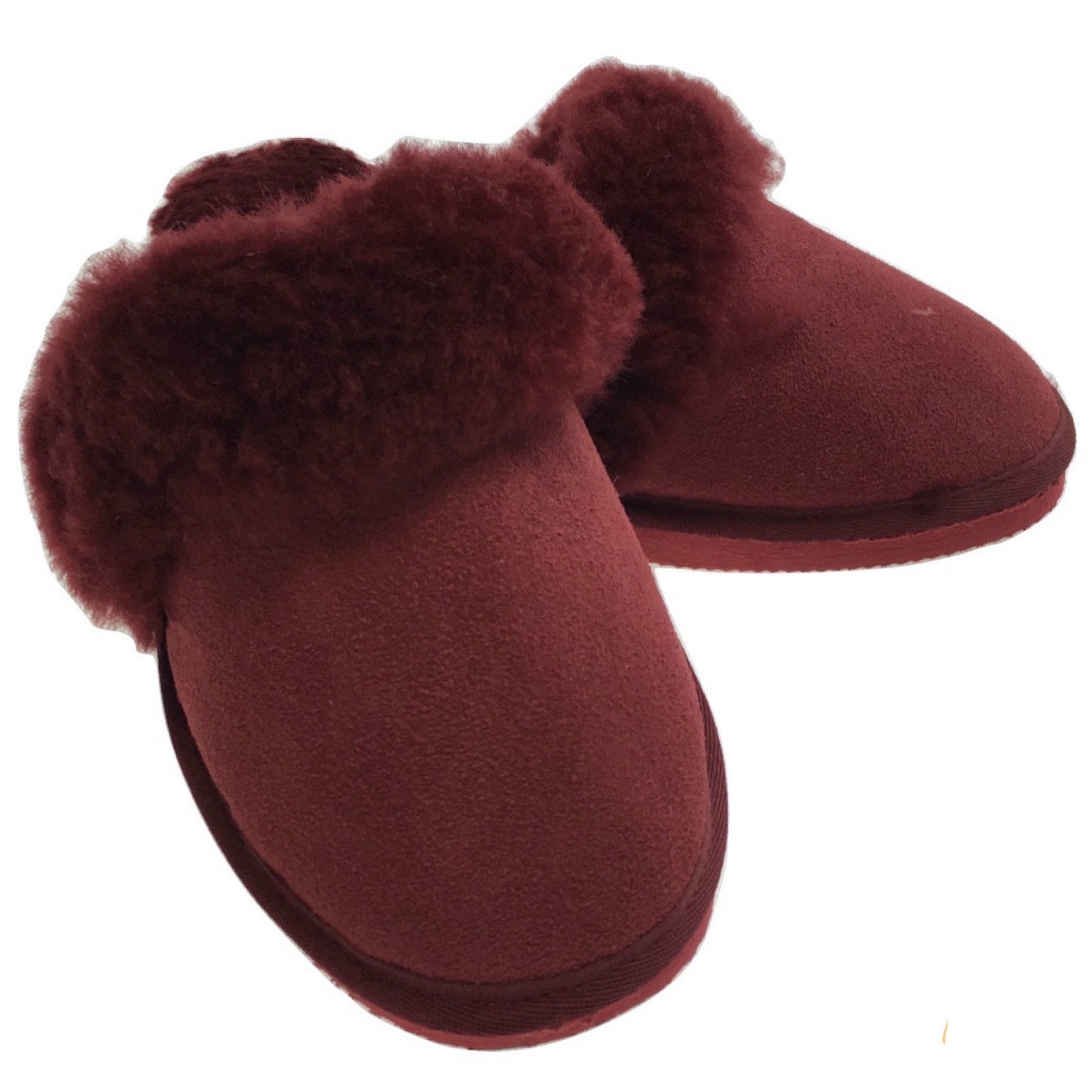 100% Sheepskin Moccasin Slippers Winter Genuine Scuffs Slip On Mens Womens - Red (with fur) - 7