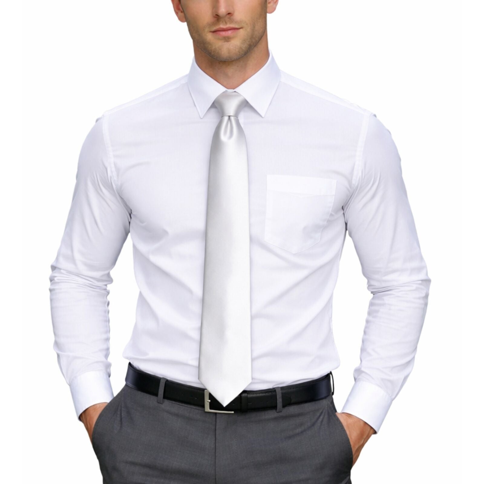 Mens Skinny Tie Slim Plain Polyester Necktie Formal Wedding Party - White