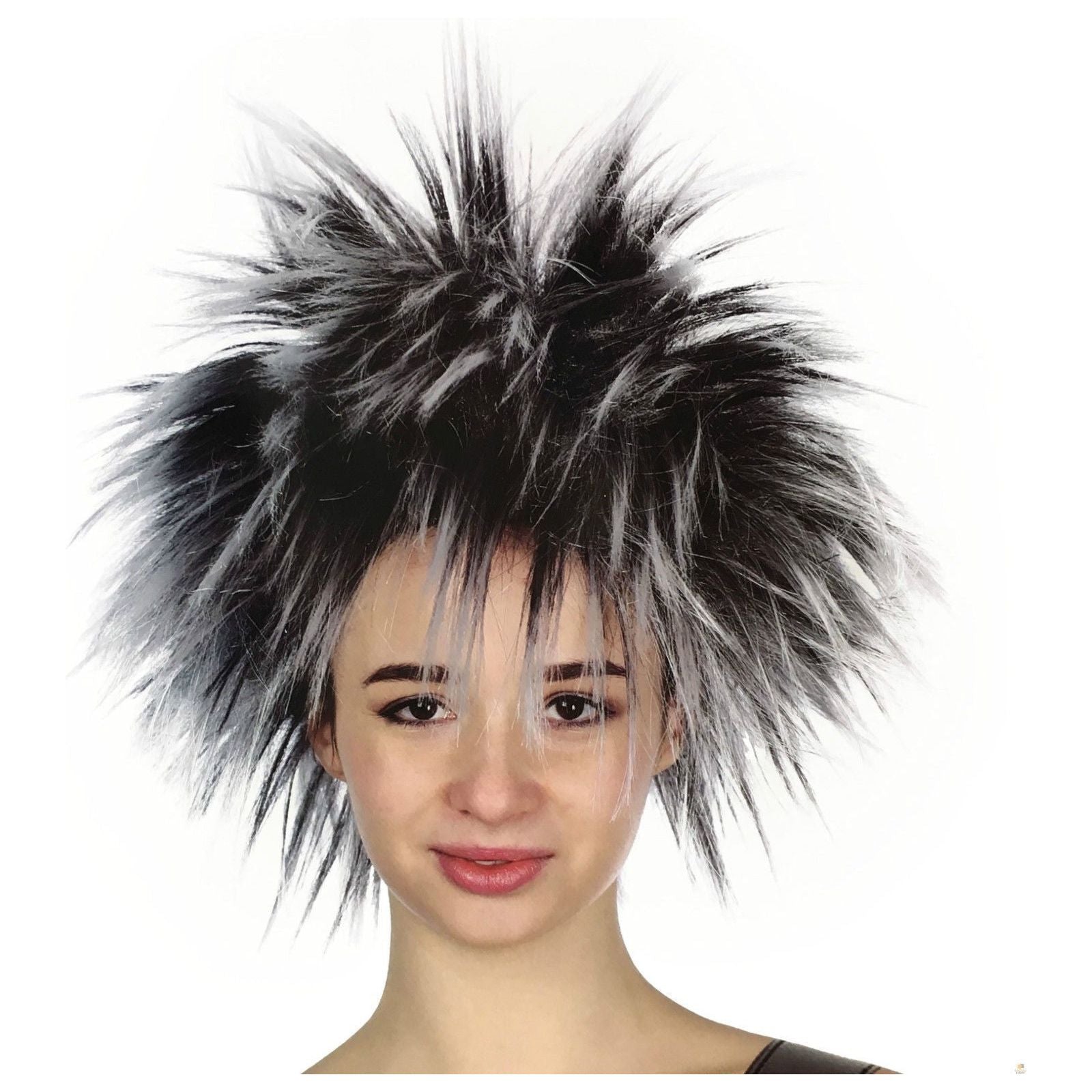 SPIKY WIG Punk Short Costume Party Hair Cosplay Rock Fancy Dress Womens 80s - Black/White