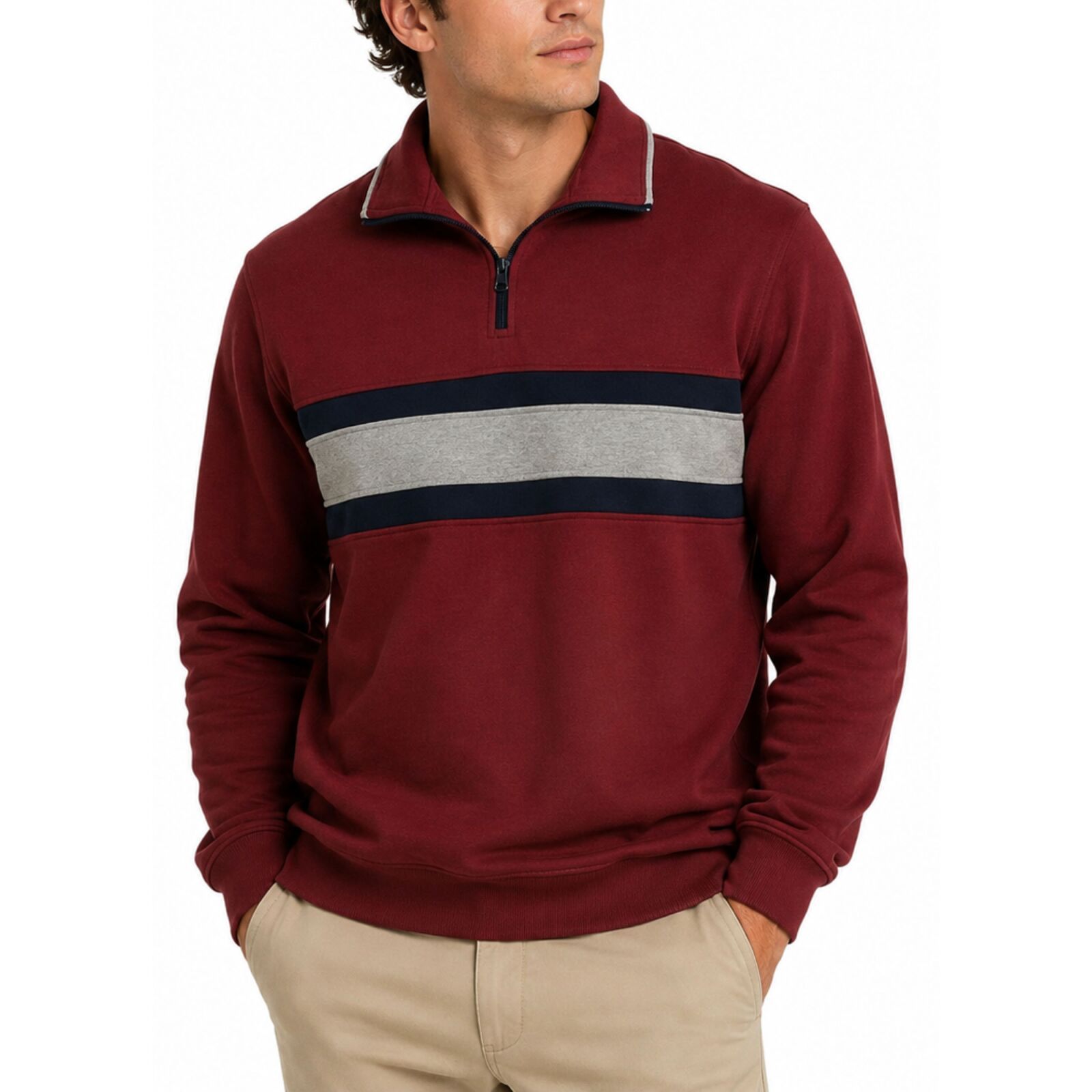 Mens Half Zip Fleece Jumper Pullover Cotton Polyester Blend Warm Sweater - Red