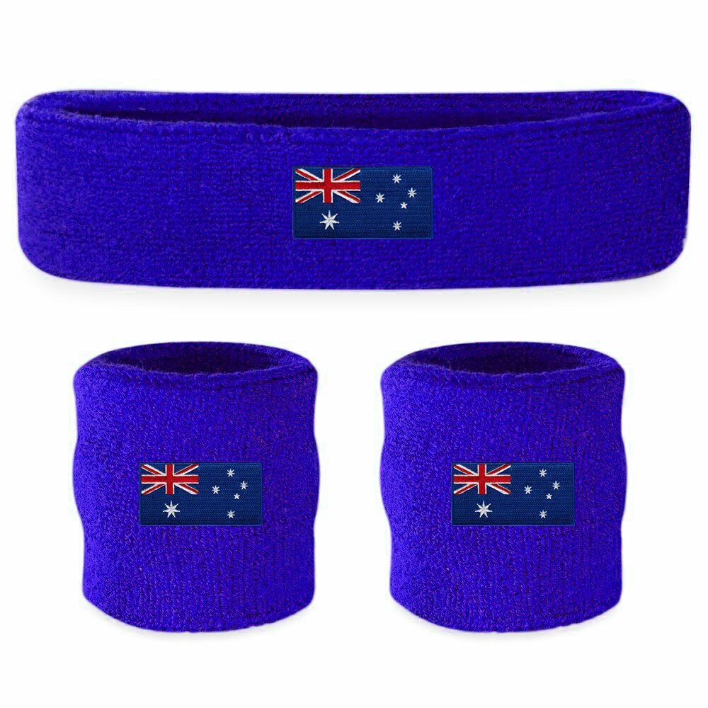 WRISTBAND &amp; HEADBAND SET Tennis Terry Towelling Cotton Sweat Band Team Gym  - Australia Flag