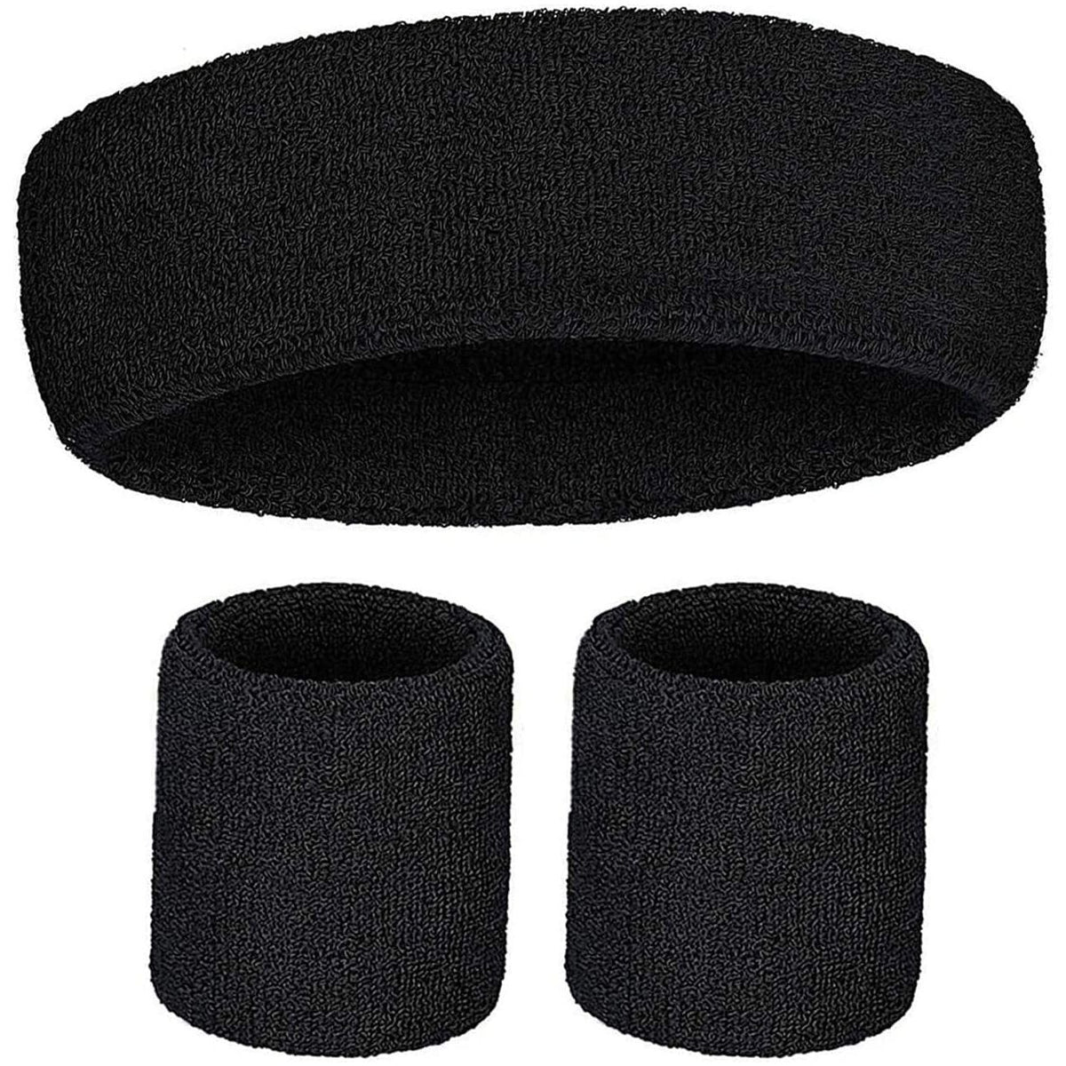 WRISTBAND &amp; HEADBAND SET Tennis Terry Towelling Cotton Sweat Band Team Gym  - Black