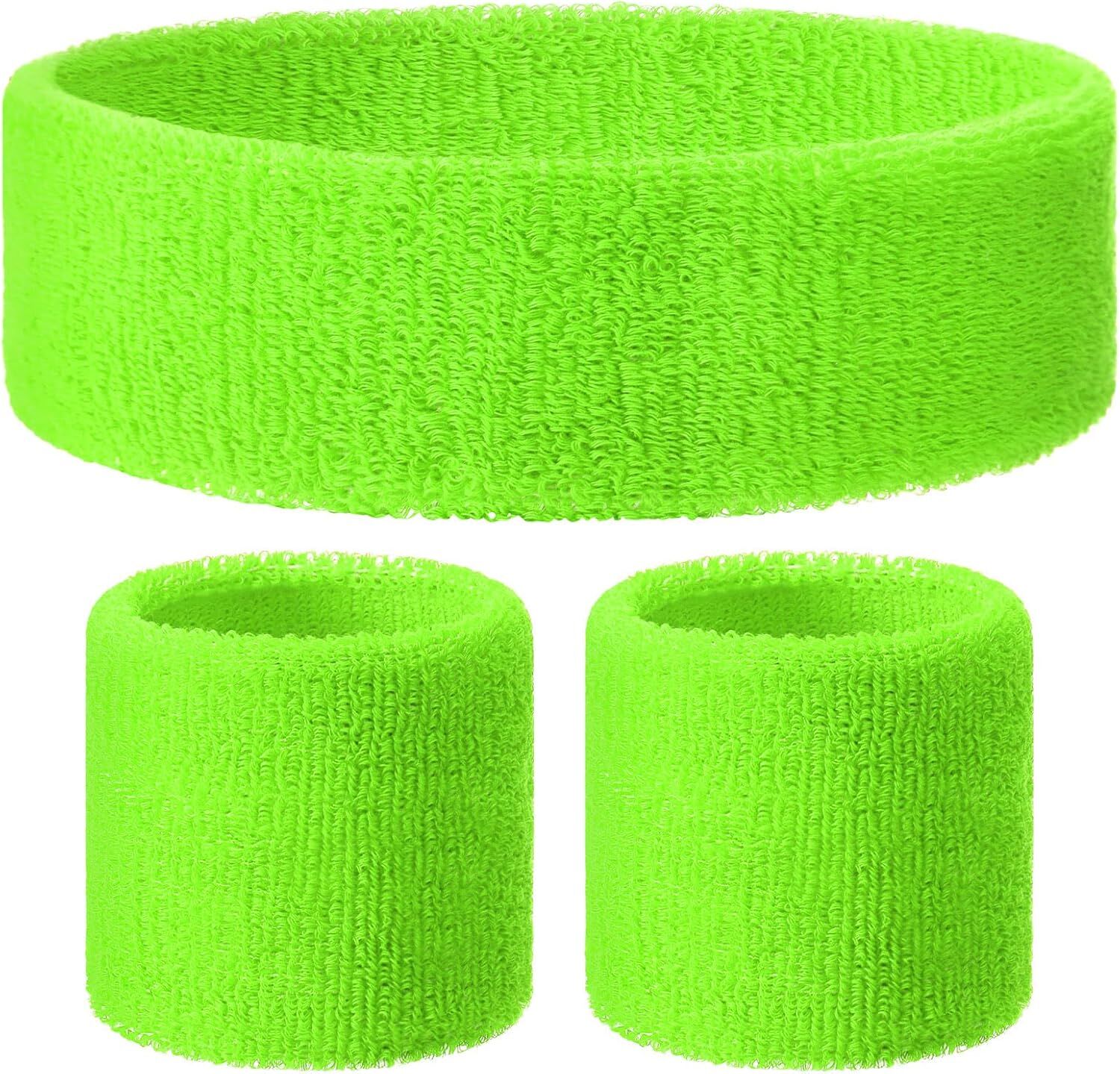 WRISTBAND & HEADBAND SET Tennis Terry Towelling Cotton Sweat Band - Fluro Light Green
