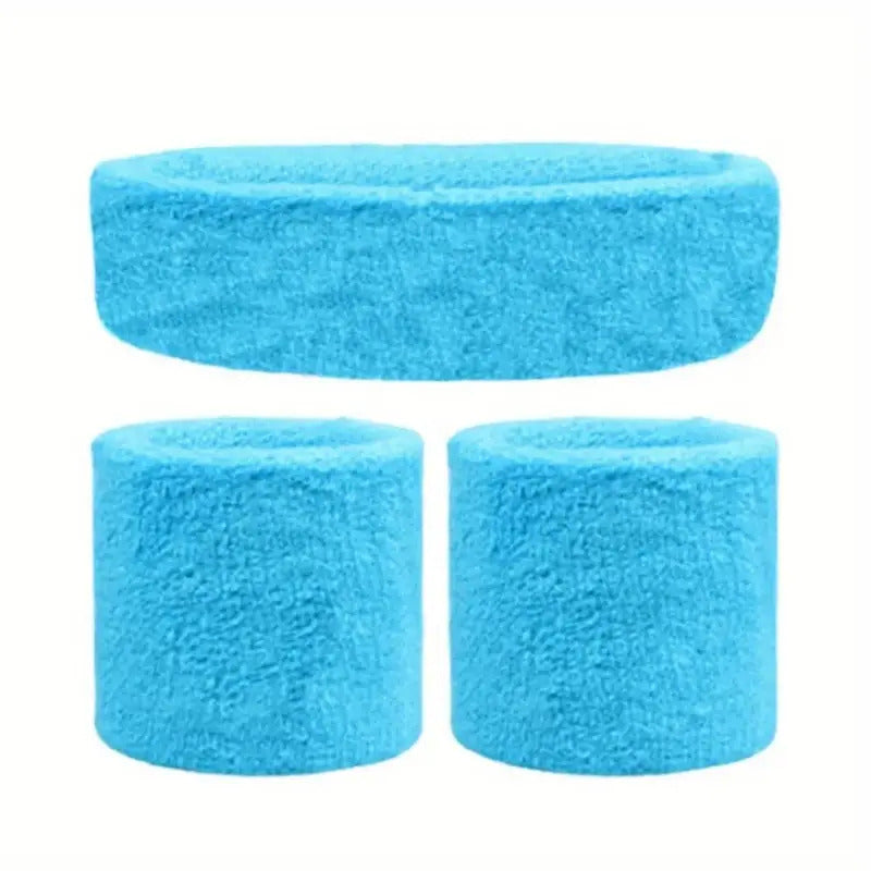 WRISTBAND &amp; HEADBAND SET Tennis Terry Towelling Cotton Sweat Band Team Gym  - Sky Blue