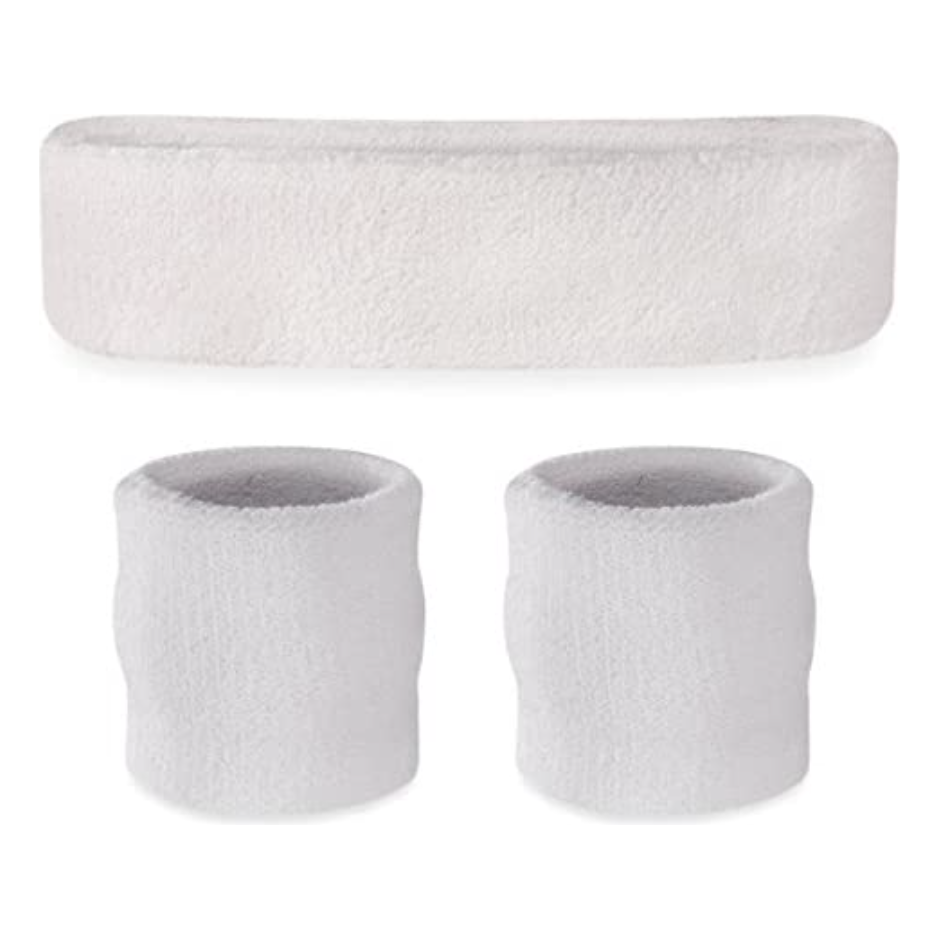 WRISTBAND &amp; HEADBAND SET Tennis Terry Towelling Cotton Sweat Band Team Gym  - White