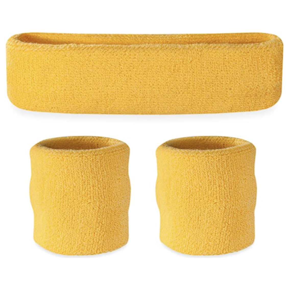 WRISTBAND &amp; HEADBAND SET Tennis Terry Towelling Cotton Sweat Band Team Gym  - Yellow