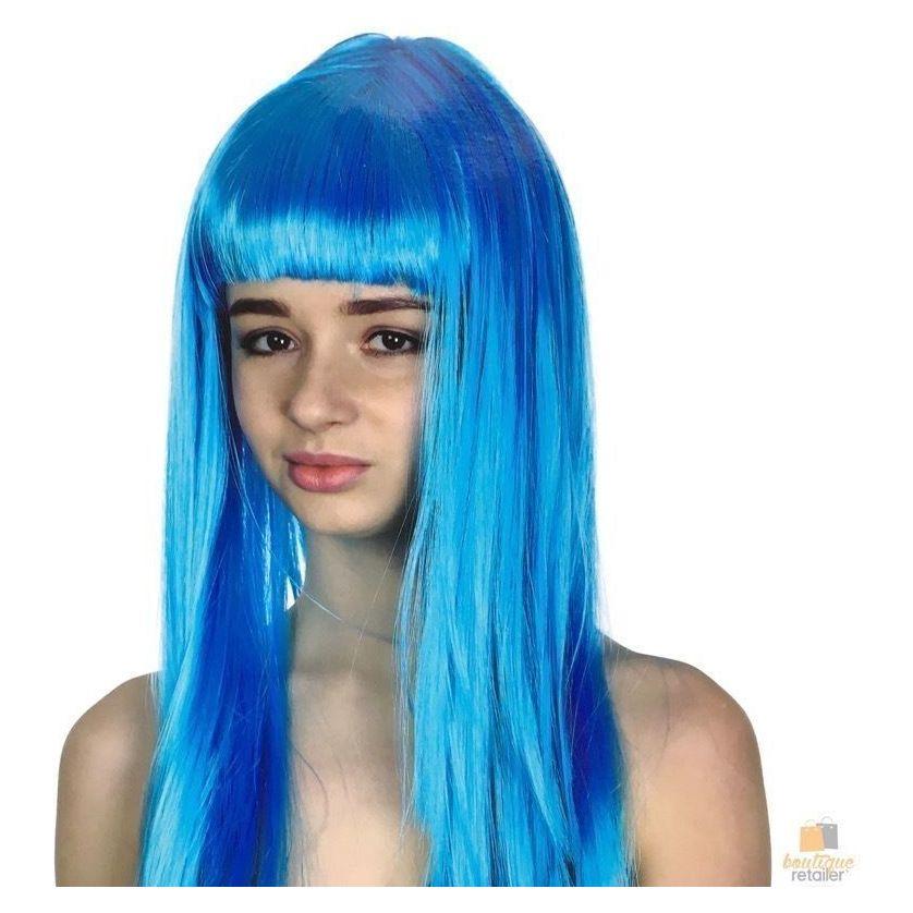 LONG WIG Straight Party Hair Costume Fringe Cosplay Fancy Dress 70cm Womens - Light Blue (22459)