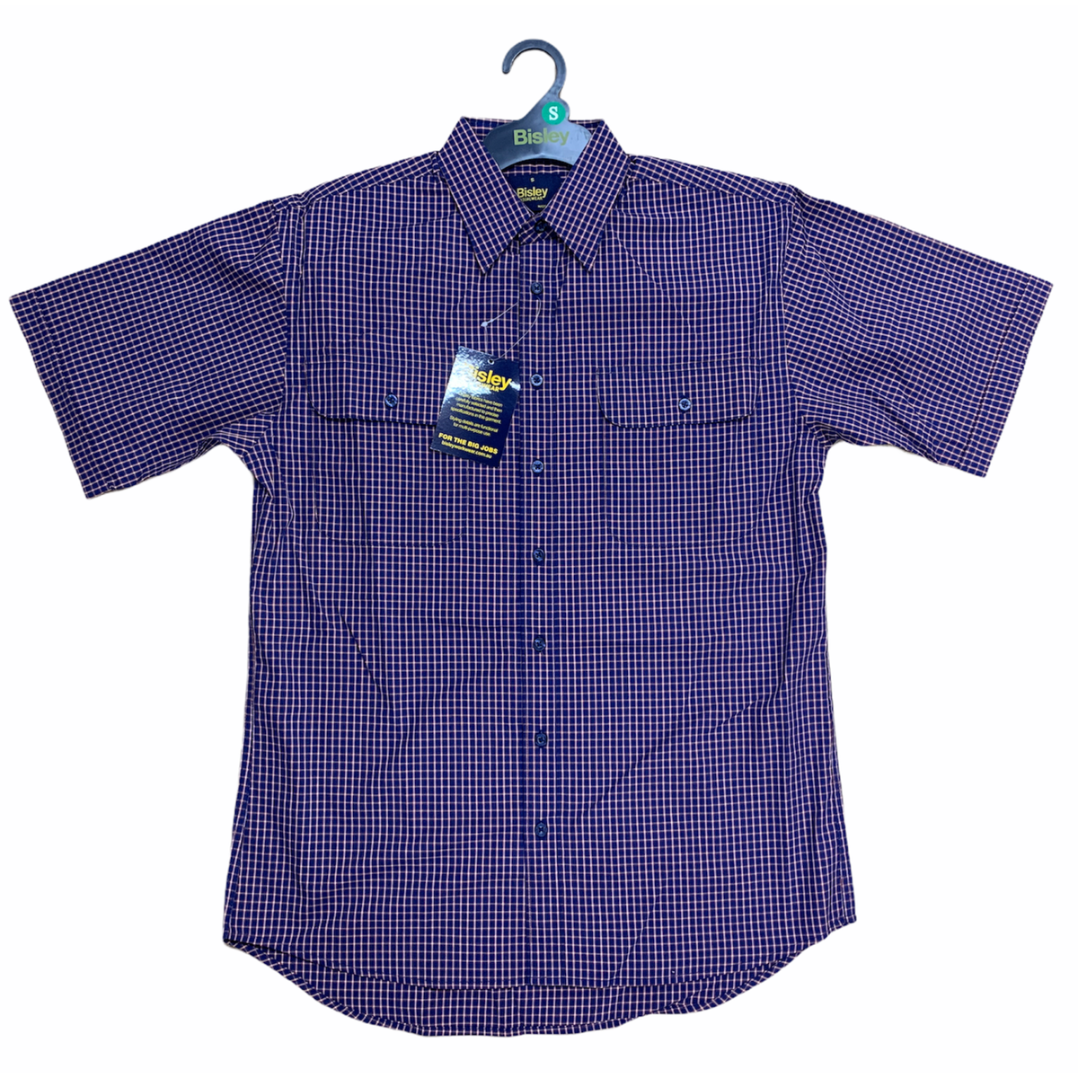 Bisley Mens Short Sleeve Check Shirt Checkered Cotton Blend Casual Business Work - Navy - S