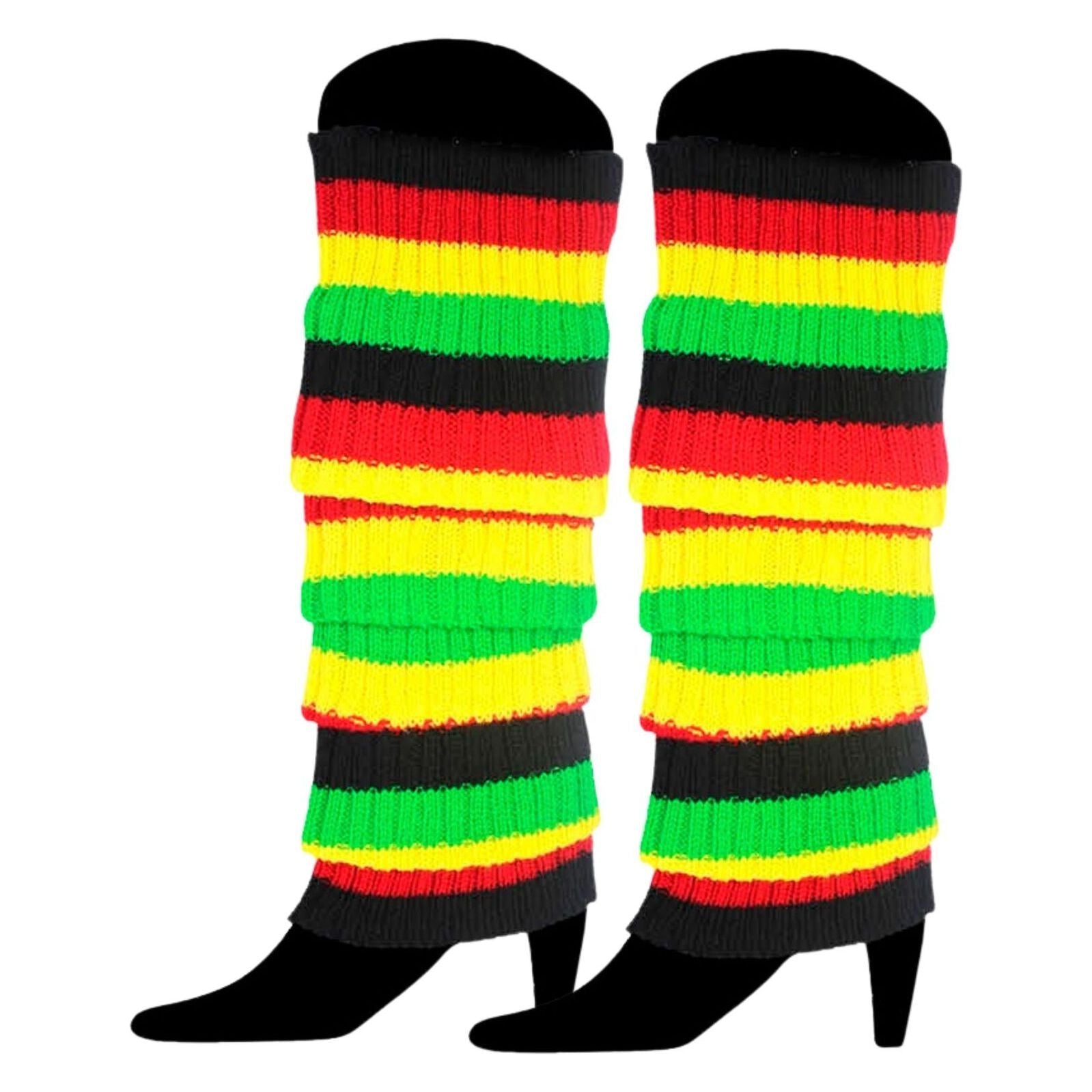 RAINBOW LEG WARMERS High Knitted Womens Neon Party Knit Ankle Socks 80s Dance - Indigenous Colours