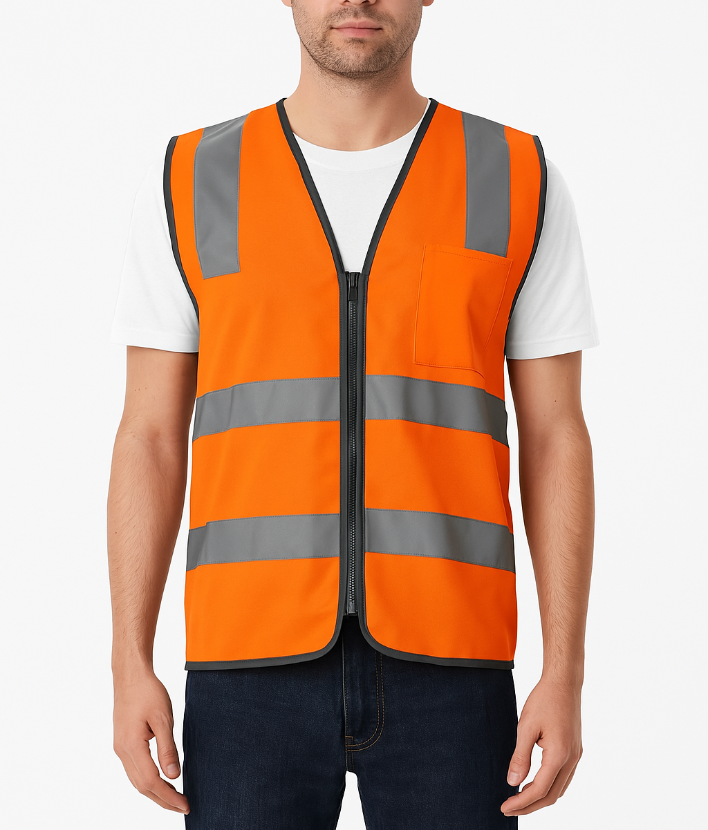 Hi Vis Safety Vest Reflective Tape Zip Up Workwear Pocket High Visibility in Orange - L