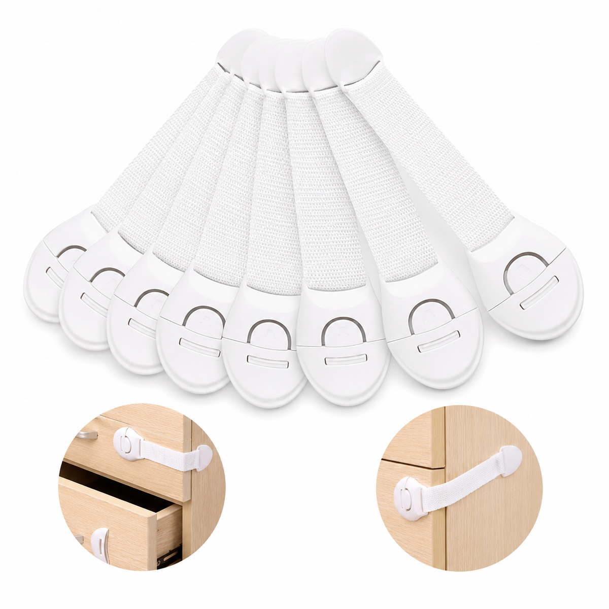 10x Kids Child-Safe Cabinet/Drawer Latch Locks No-Drill Baby Adhesive Straps in White