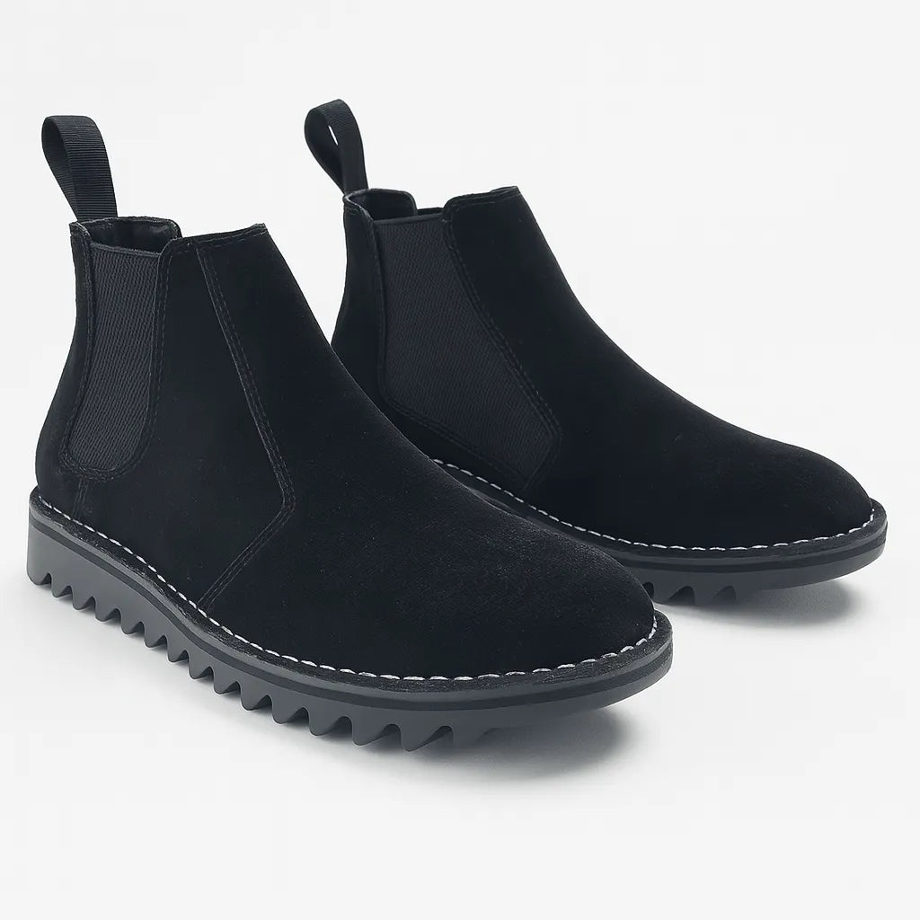 Ripple Sole Mens Ducatti Chelsea Suede Desert Boots Shoes Slip On - Black