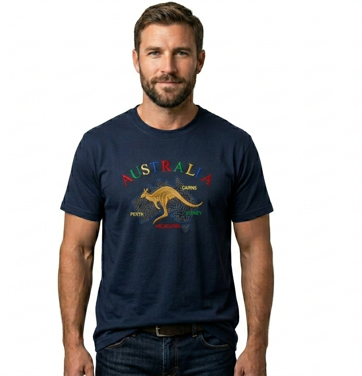 Adult Australia Kangaroo T Shirt Tee 100% Cotton Top Aussie Day - Navy