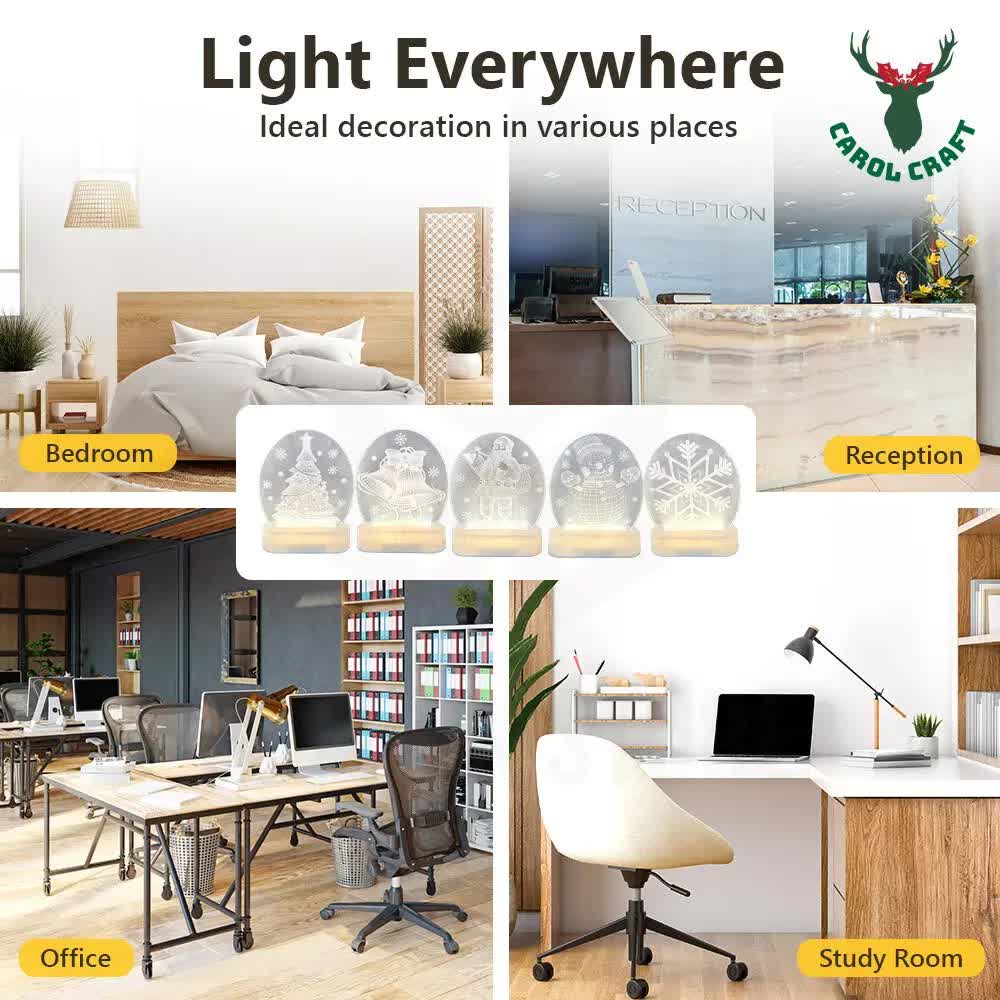 CarolCraft Christmas LED Acrylic USB Lamp Set of 5 Decoration Ornament Xmas Gift