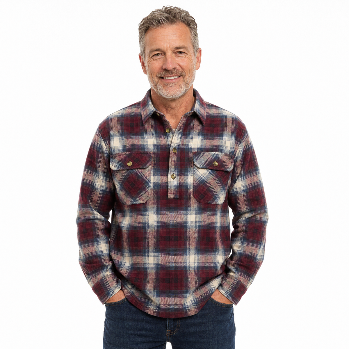 Mens Button Up FLANNELETTE SHIRT Check 100% COTTON Flannel Vintage - Burgundy 97 (Half Placket)