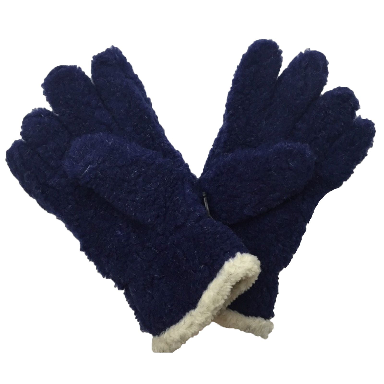 Thick FLEECY Boucle Warm Gloves Winter Knit Fluffy Warm Wrist Length Plush Ski - Navy