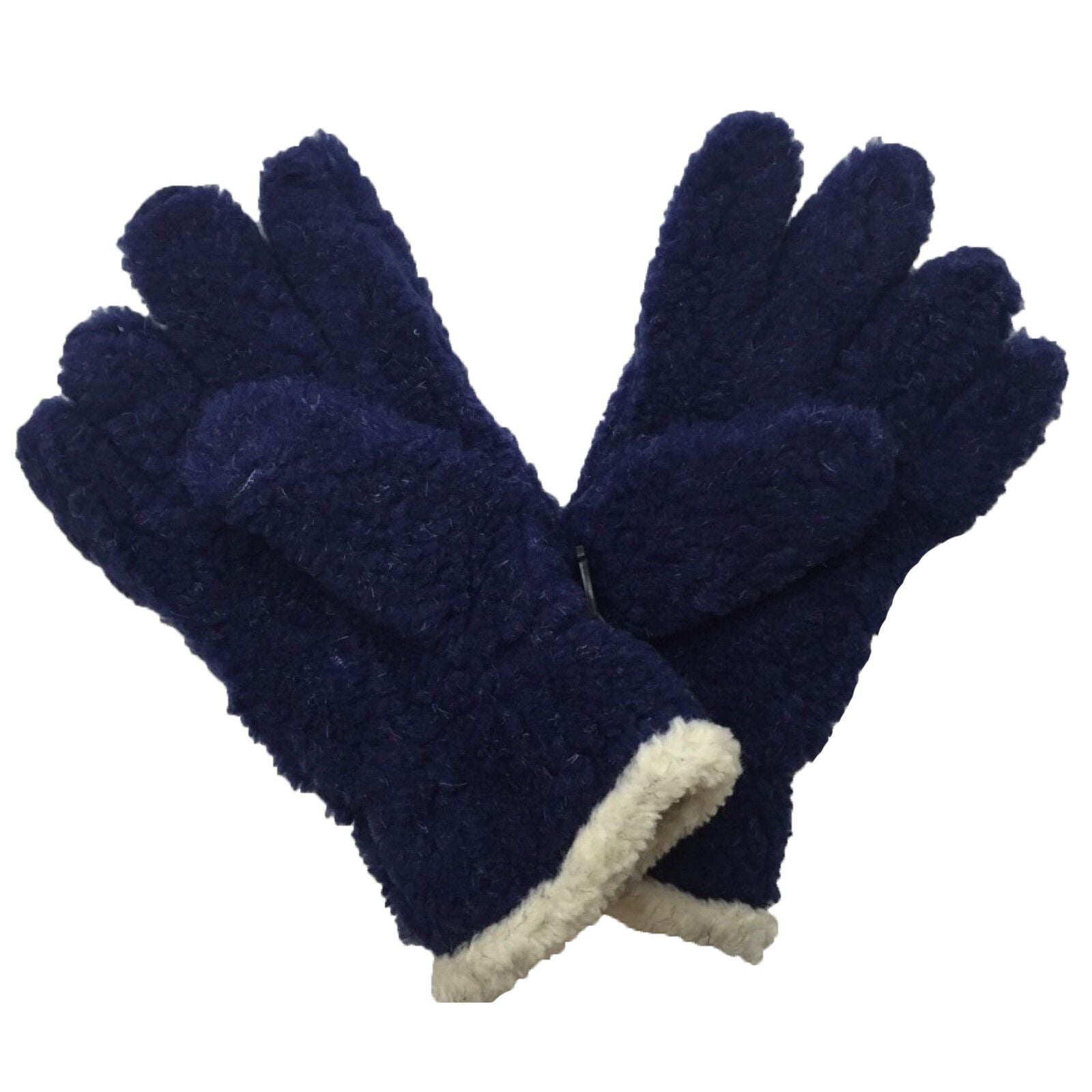 Thick FLEECY Boucle Warm Gloves Winter Knit Fluffy Warm Wrist Length Plush Ski - Navy