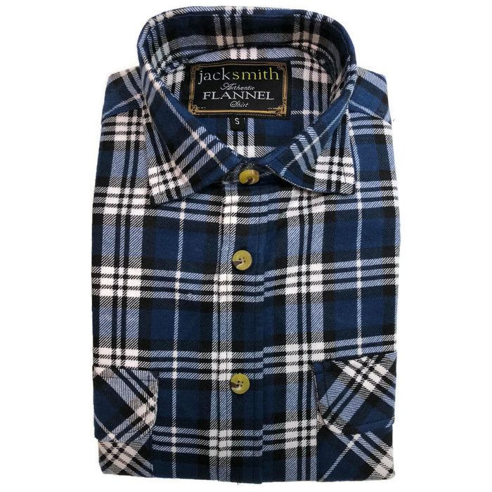 Mens Flannelette Shirt 100% Cotton Check Authentic Flannel Long Sleeve Vintage - Navy Check - S