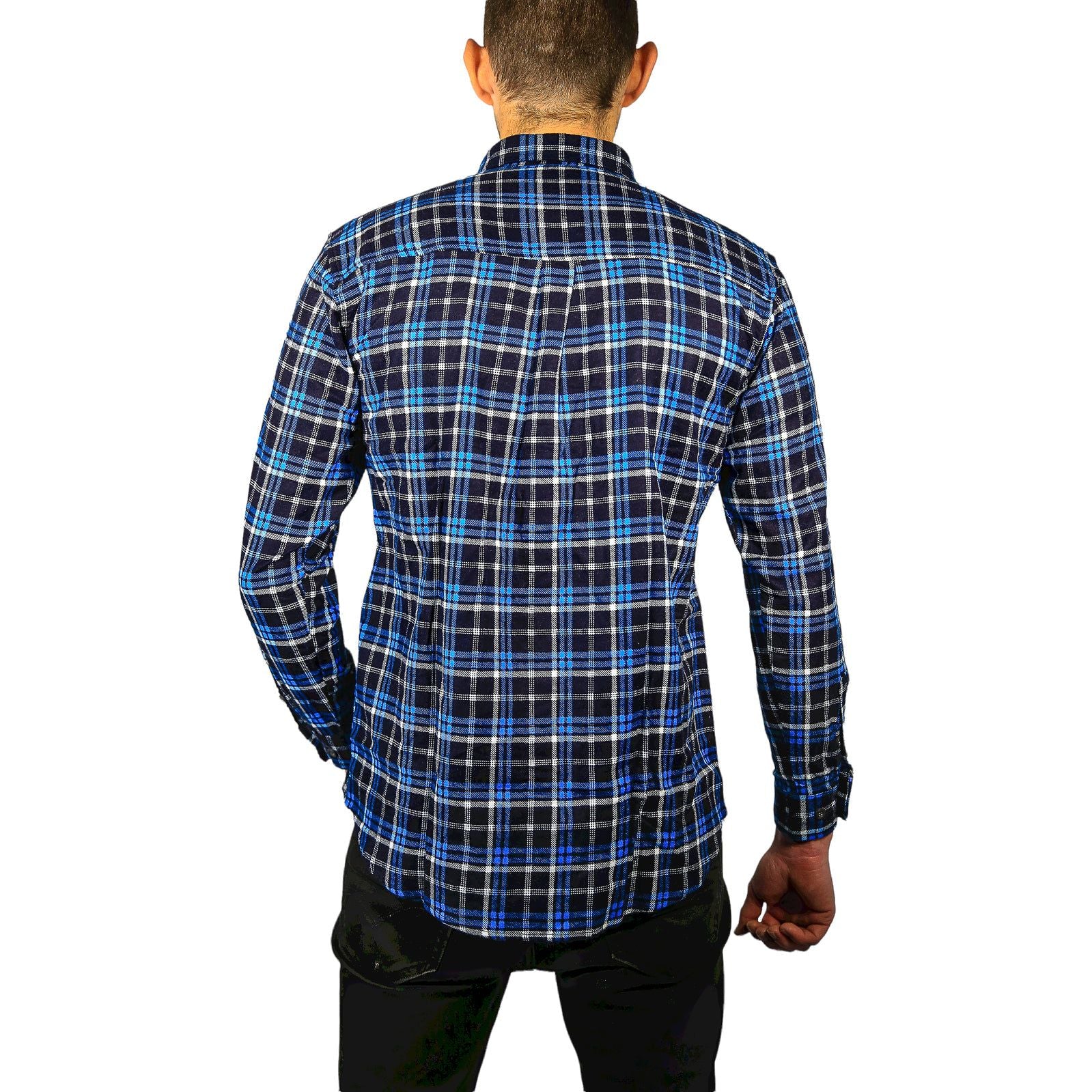 Mens Flannelette Long Sleeve Shirt 100% Cotton Check Authentic Flannel - Full Placket - Turquoise/Black - 3XL