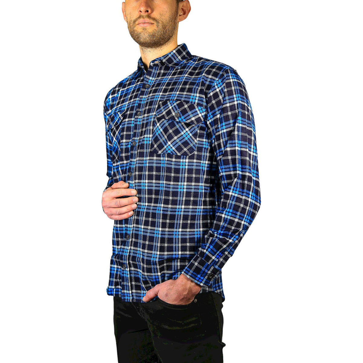 Mens Flannelette Long Sleeve Shirt 100% Cotton Check Authentic Flannel - Full Placket - Turquoise/Black - L