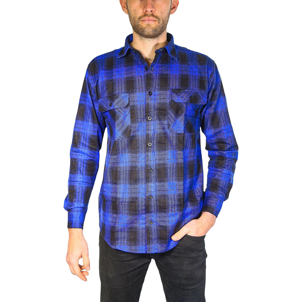 Mens Flannelette Long Sleeve Shirt 100% Cotton Check Authentic Flannel - Full Placket - Royal Blue - L