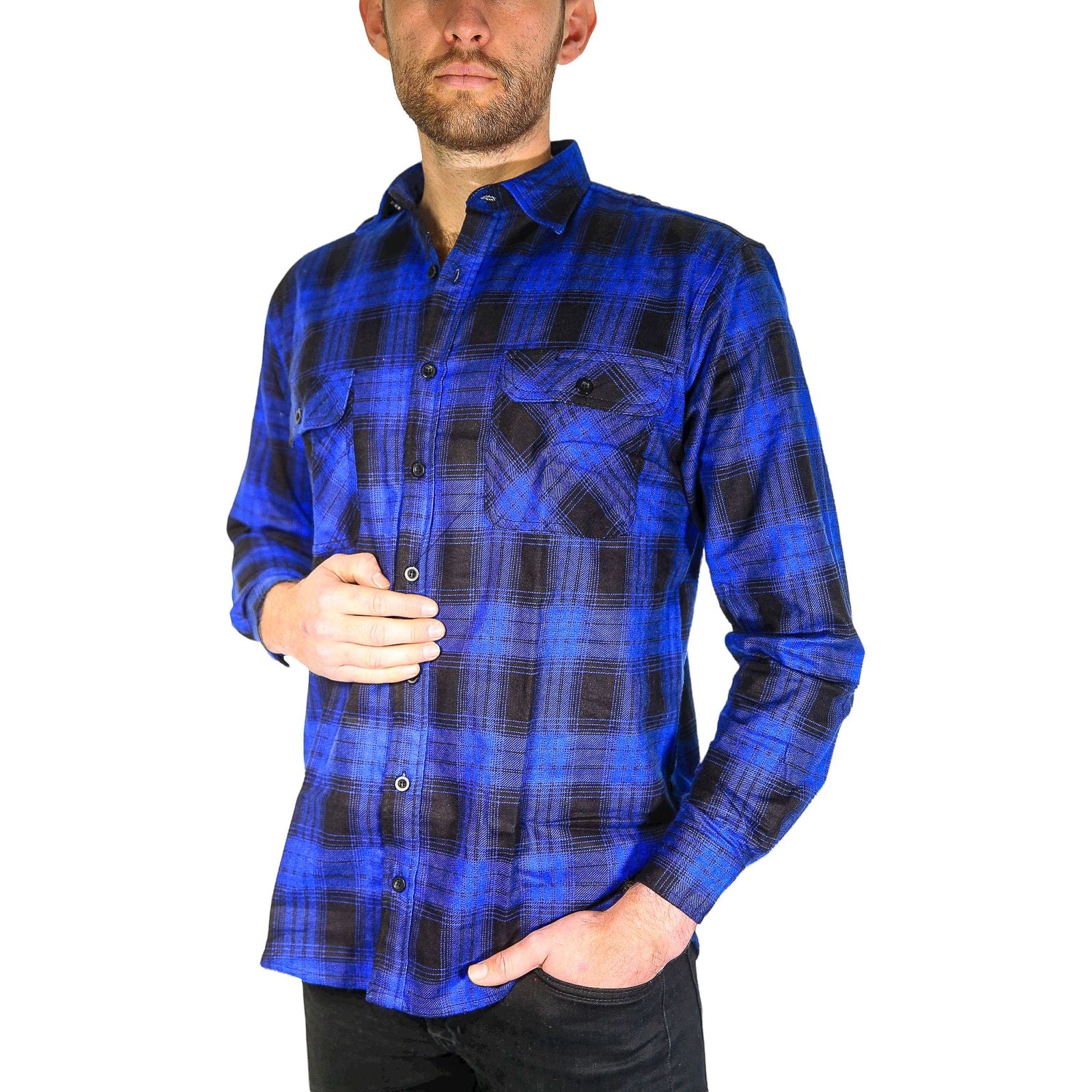 Mens Flannelette Long Sleeve Shirt 100% Cotton Check Authentic Flannel - Full Placket - Royal Blue - L