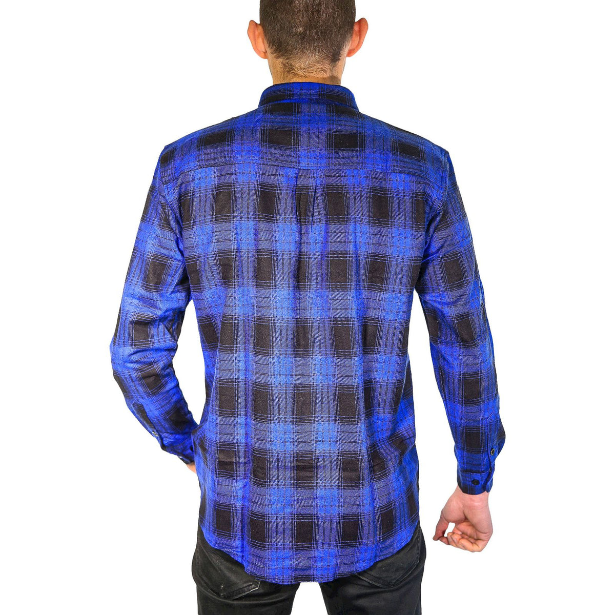 Mens Flannelette Long Sleeve Shirt 100% Cotton Check Authentic Flannel - Full Placket - Royal Blue - XL