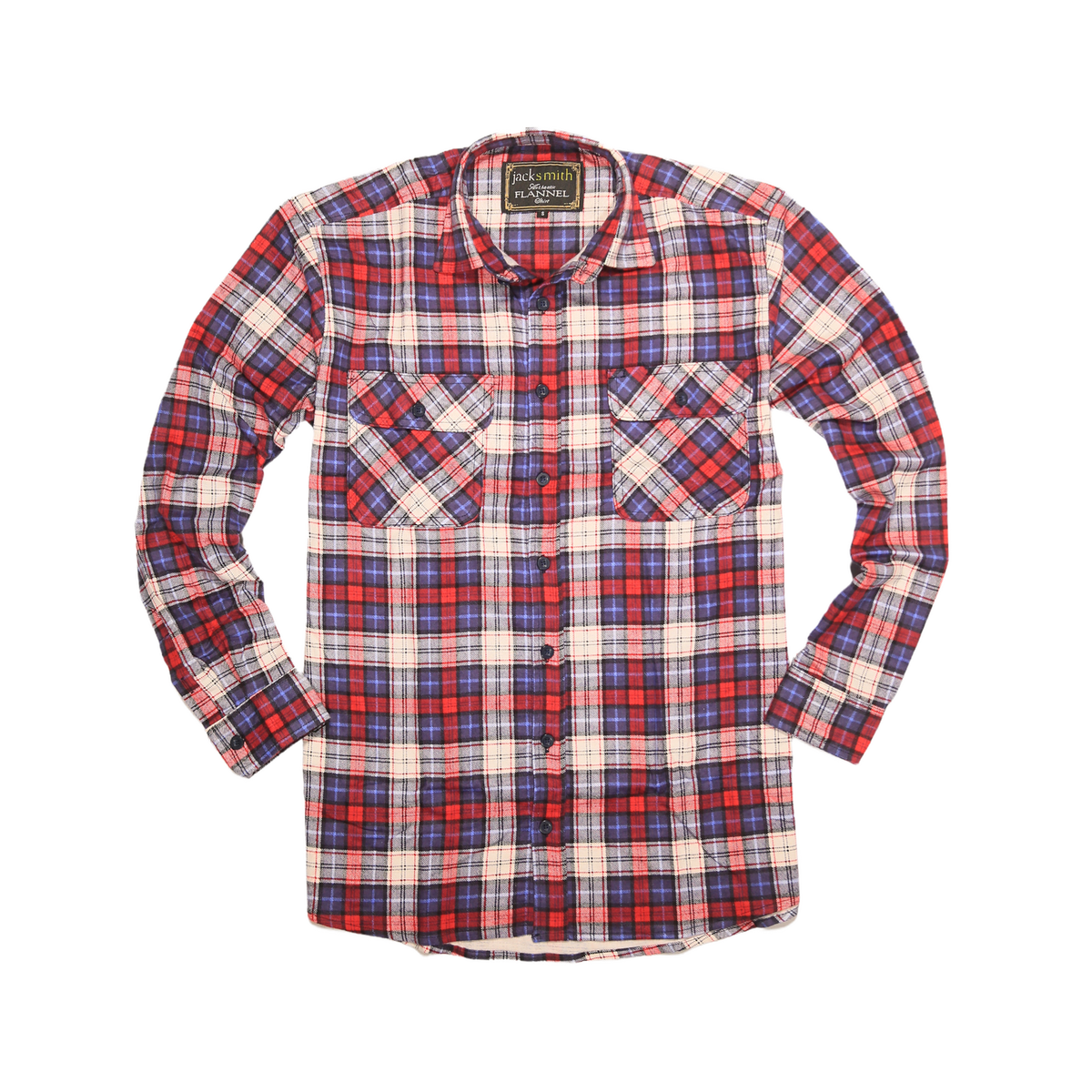 Mens Flannelette Long Sleeve Shirt 100% Cotton Check Authentic Flannel - Full Placket - Navy/Red/White - L