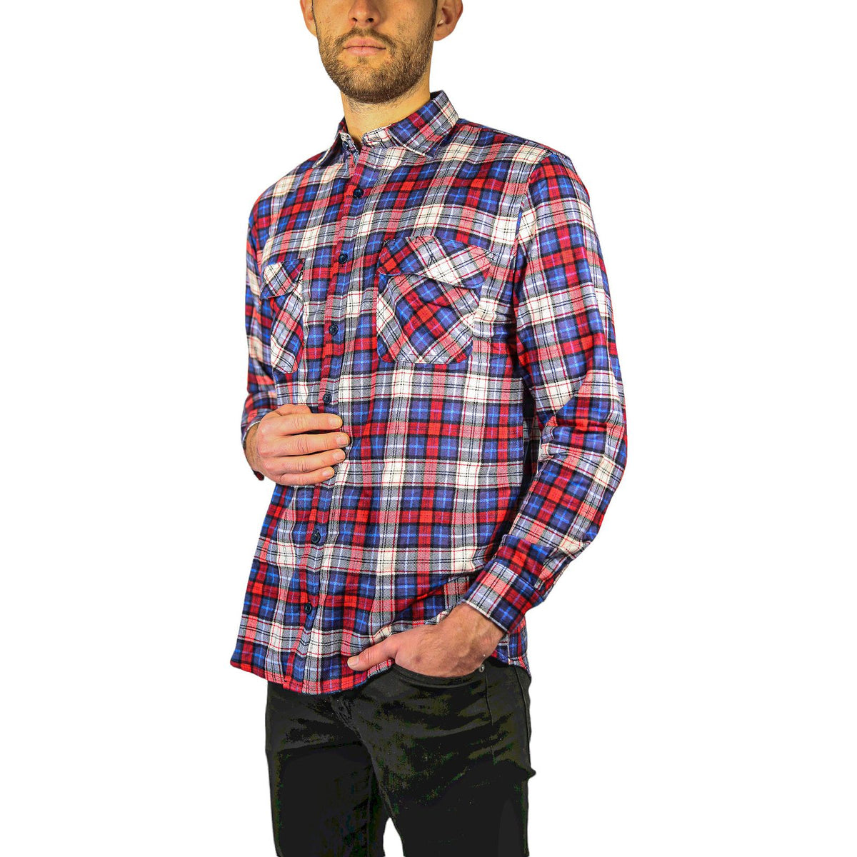 Mens Flannelette Long Sleeve Shirt 100% Cotton Check Authentic Flannel - Full Placket - Navy/Red/White - M