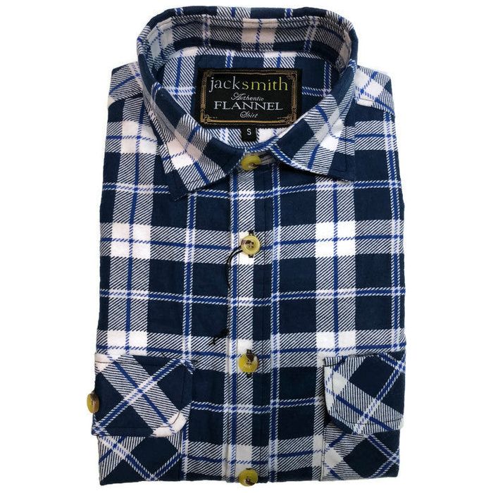 Mens Half Placket Flannelette Long Sleeve Pullover Shirt 100% Cotton Check Authentic Flannel  - White/Blue Denim - S