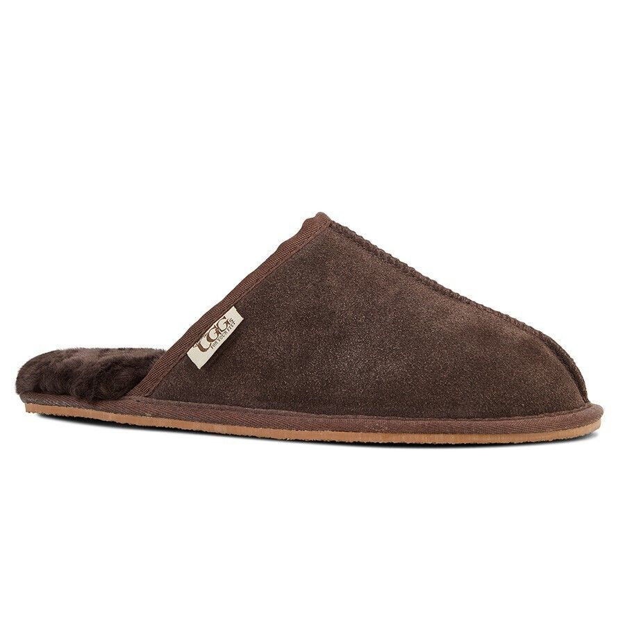 GROSBY Buck UGG Mens Sheepskin Slippers Scuff Slip On Leather Moccasins in Chocolate